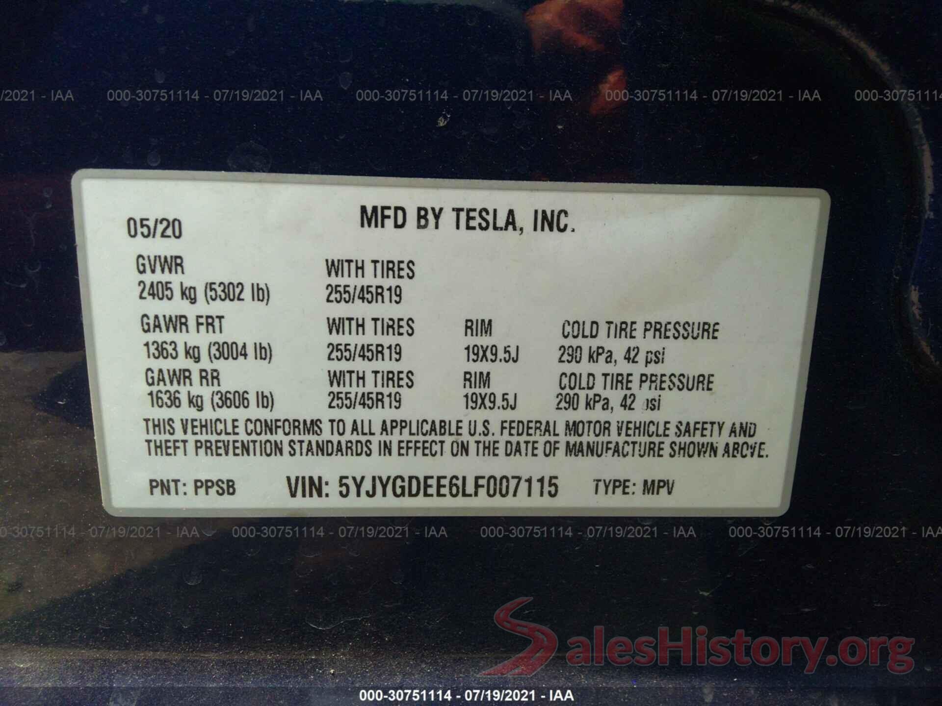 5YJYGDEE6LF007115 2020 TESLA MODEL Y