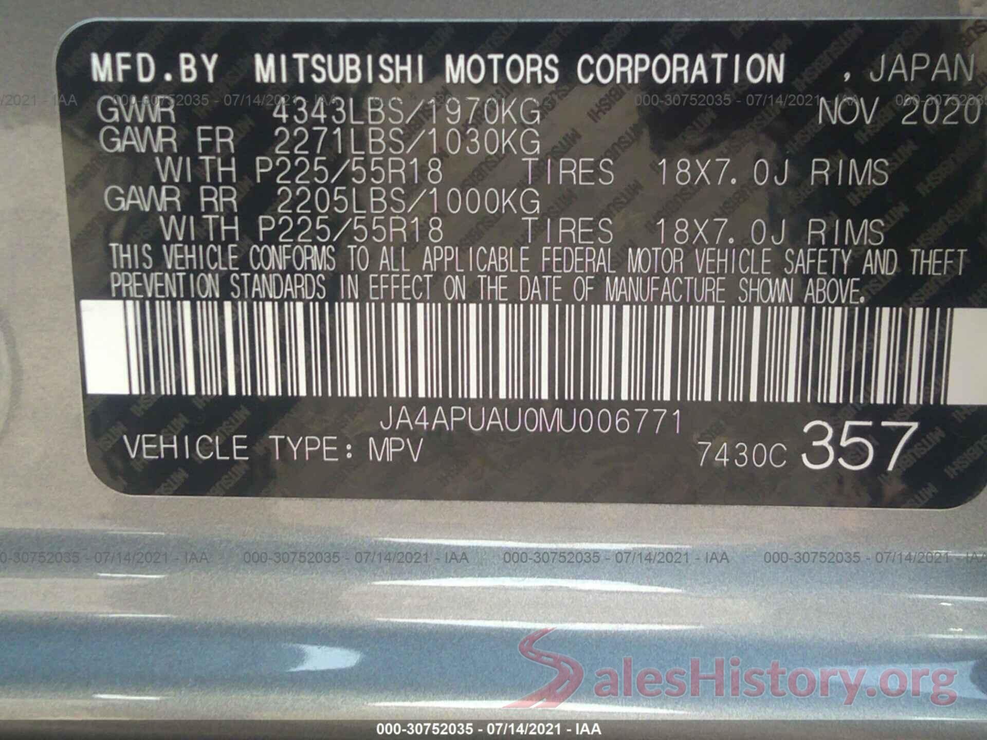 JA4APUAU0MU006771 2021 MITSUBISHI OUTLANDER SPORT