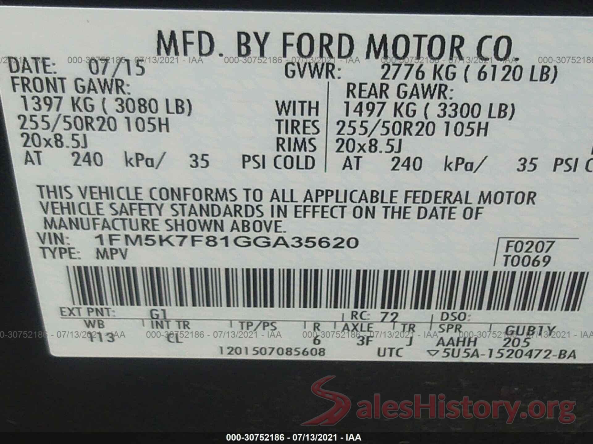 1FM5K7F81GGA35620 2016 FORD EXPLORER