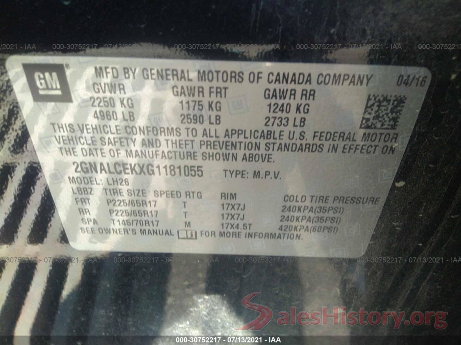 2GNALCEKXG1181055 2016 CHEVROLET EQUINOX