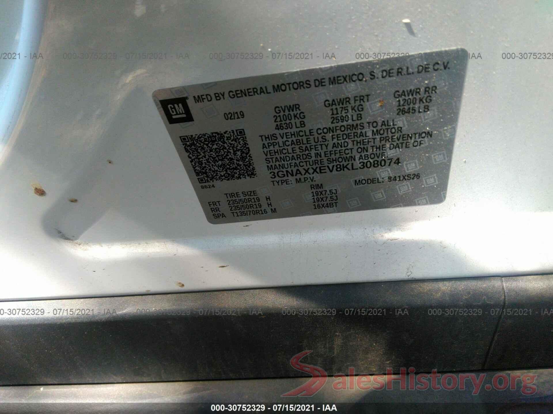 3GNAXXEV8KL308074 2019 CHEVROLET EQUINOX