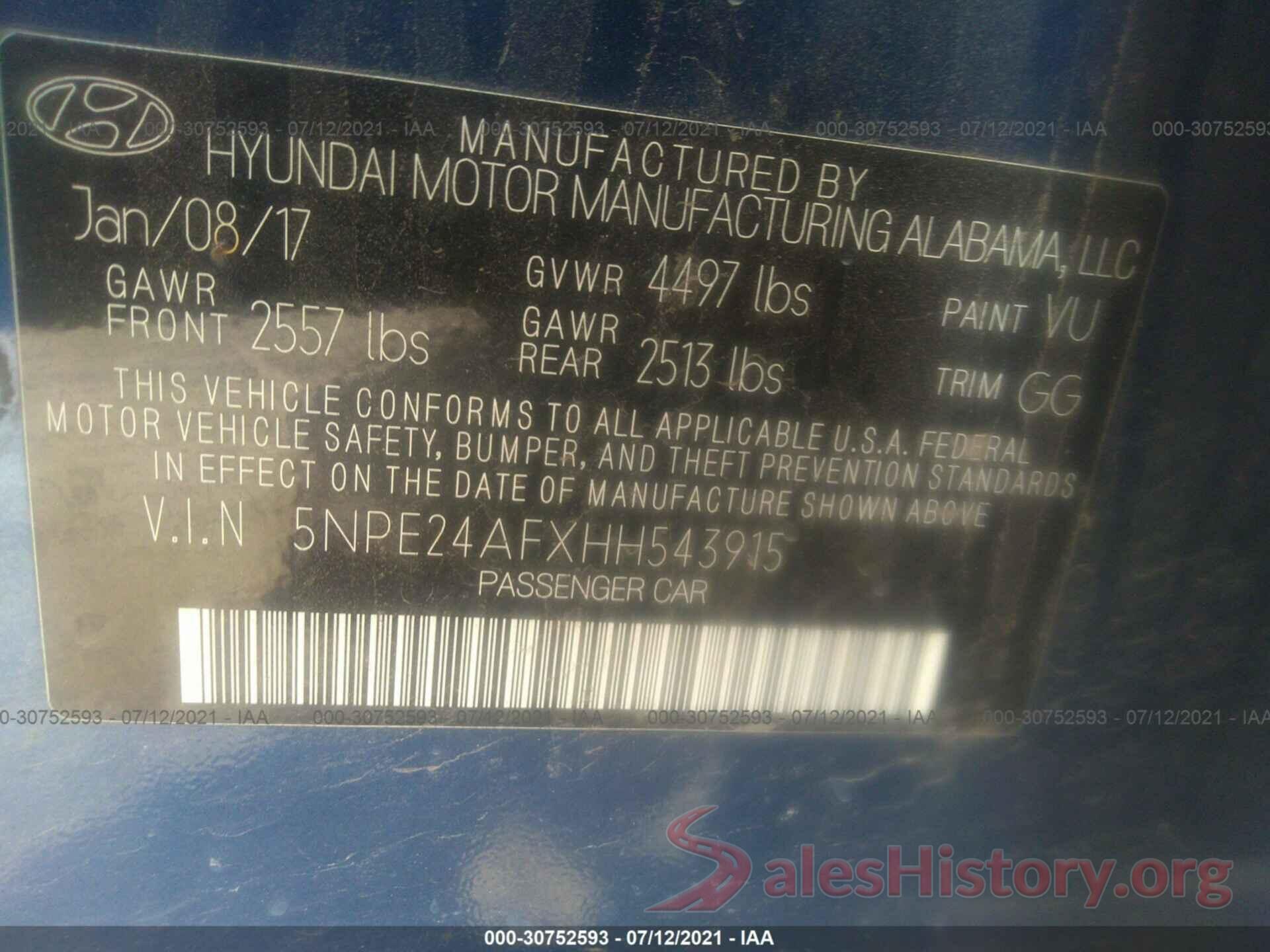 5NPE24AFXHH543915 2017 HYUNDAI SONATA