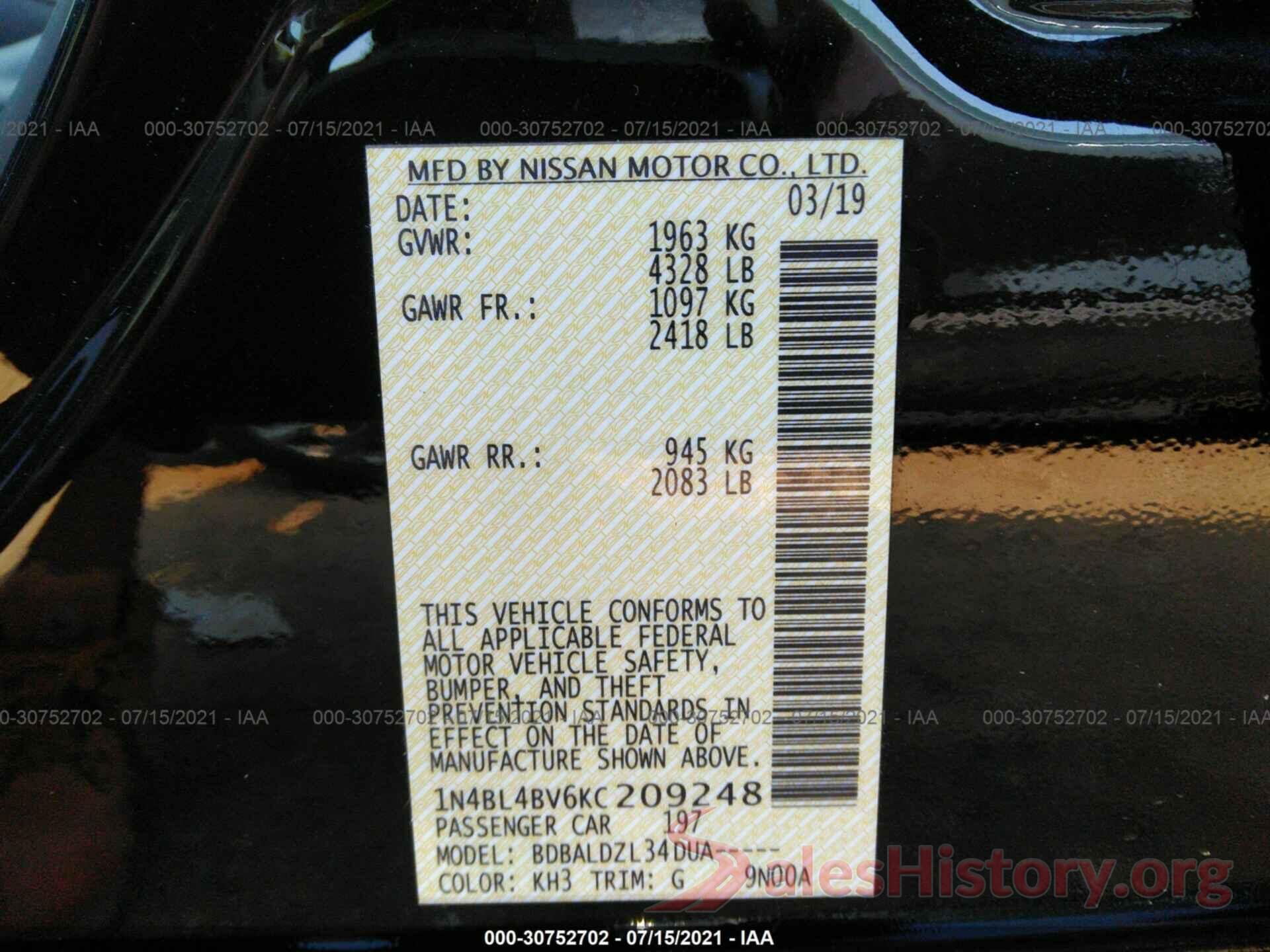 1N4BL4BV6KC209248 2019 NISSAN ALTIMA