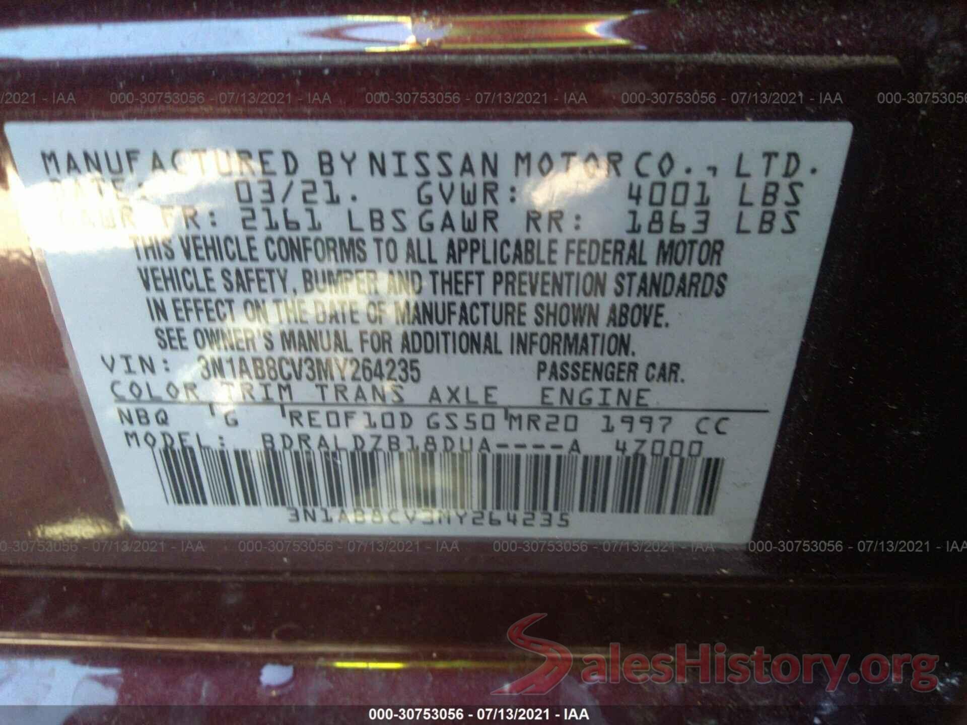 3N1AB8CV3MY264235 2021 NISSAN SENTRA