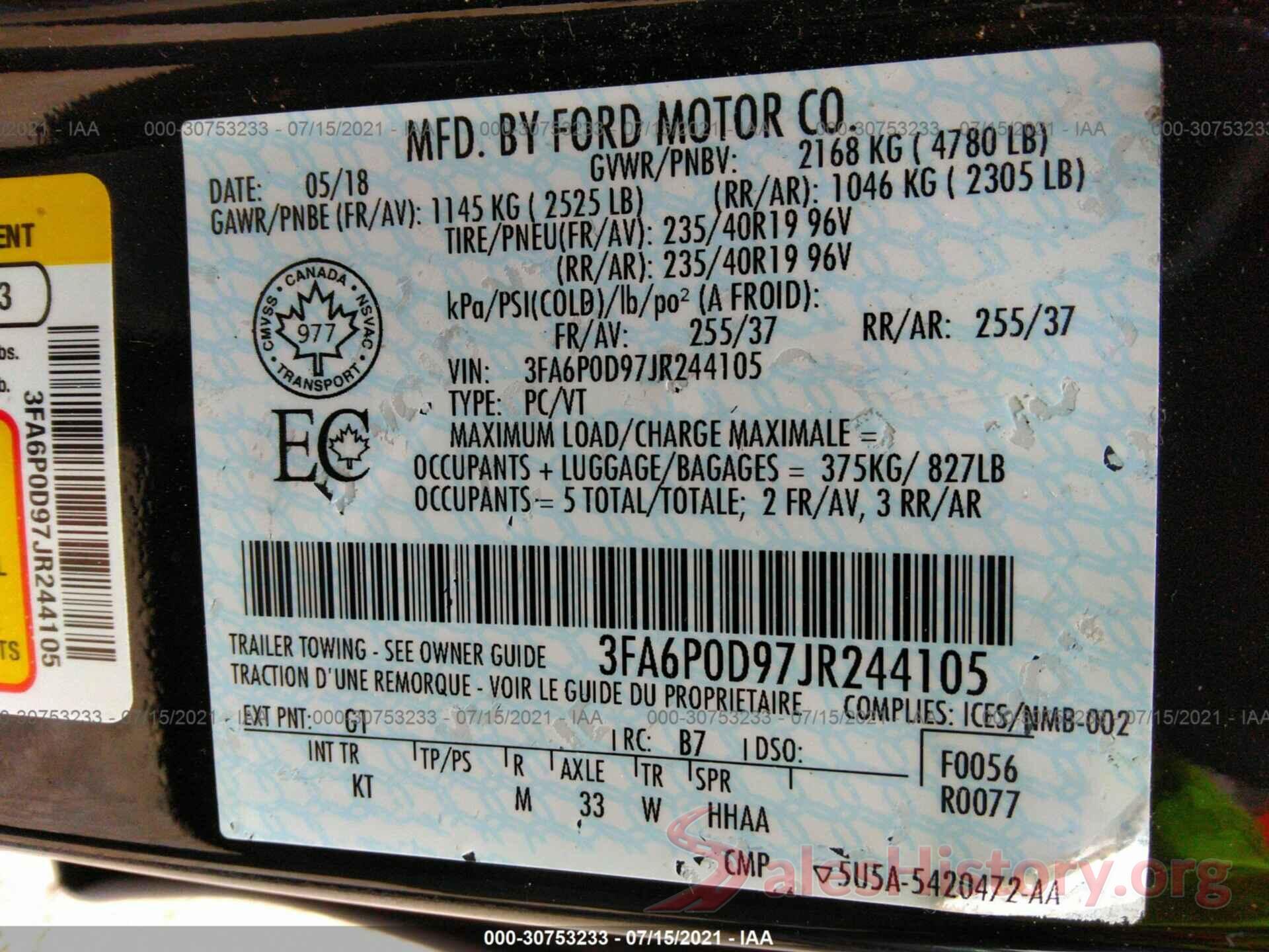 3FA6P0D97JR244105 2018 FORD FUSION