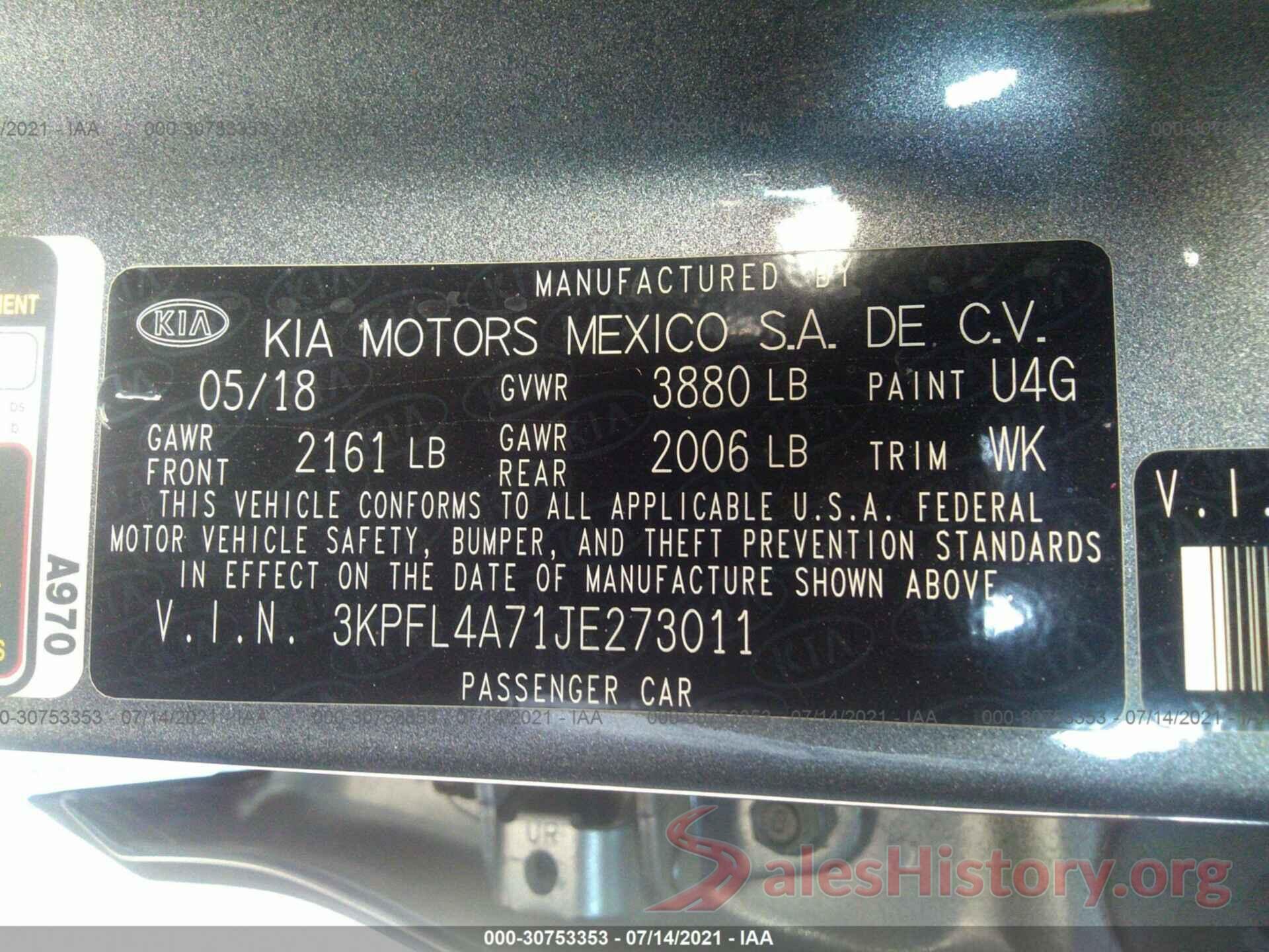 3KPFL4A71JE273011 2018 KIA FORTE