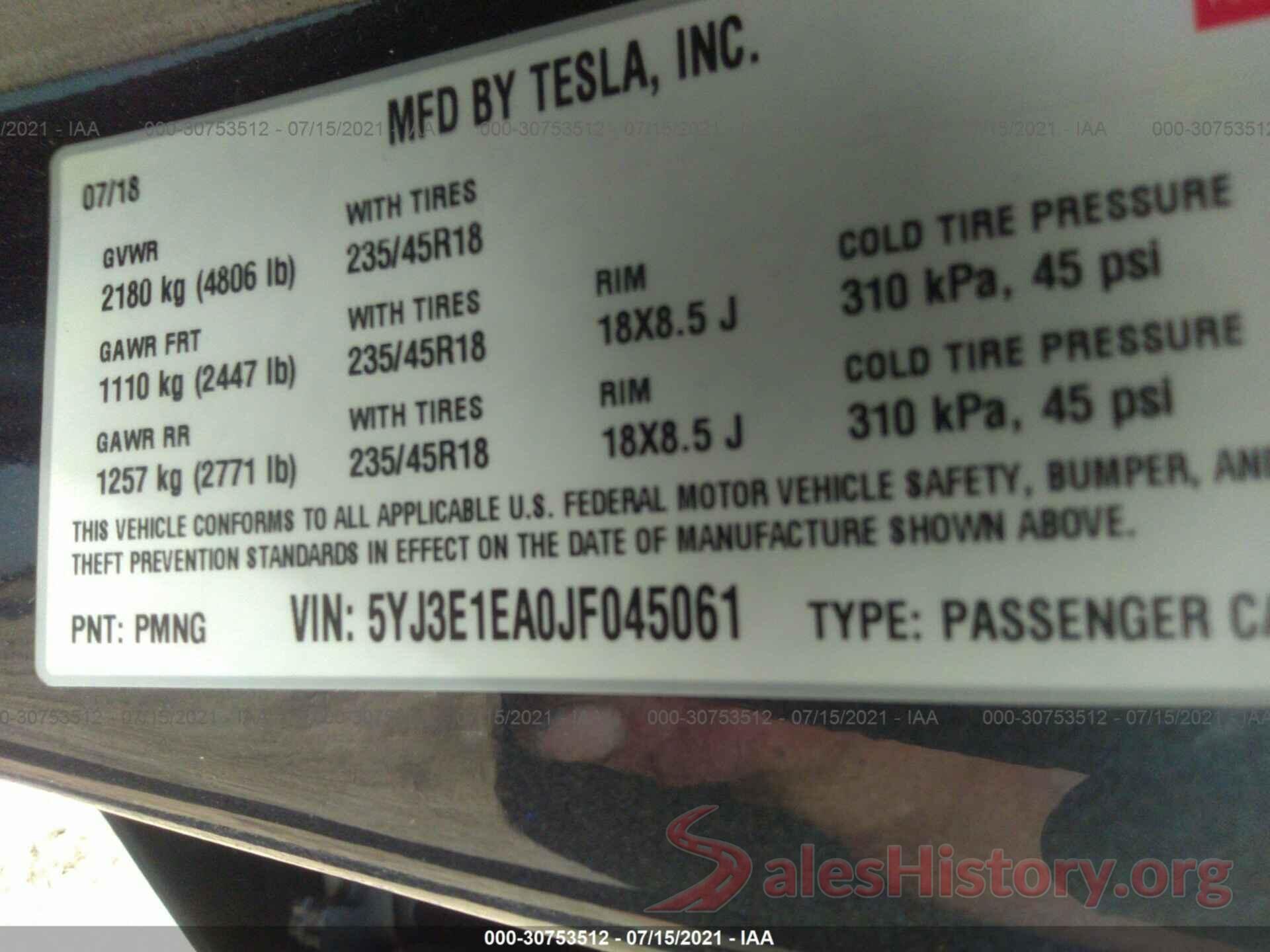 5YJ3E1EA0JF045061 2018 TESLA MODEL 3