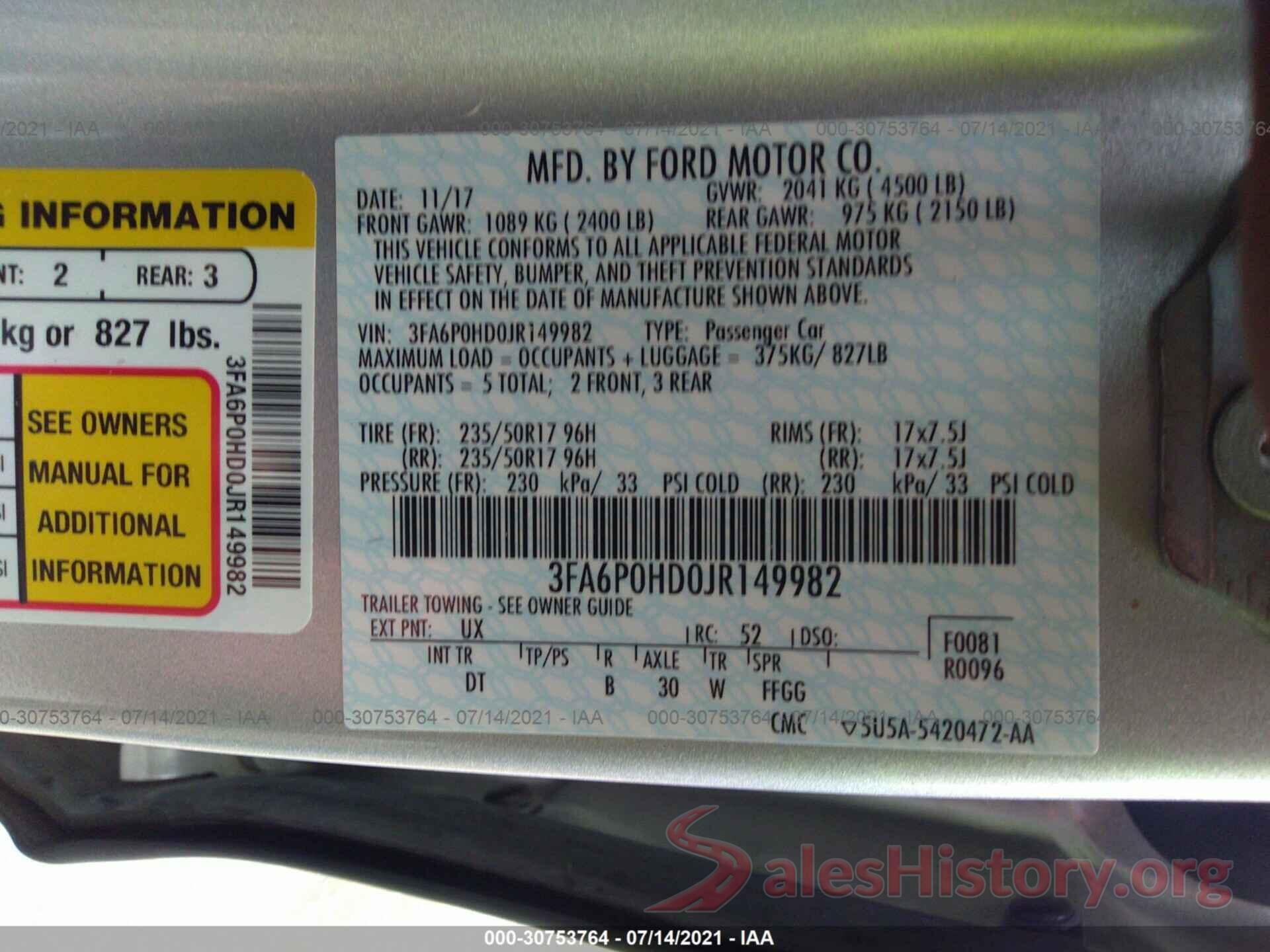 3FA6P0HD0JR149982 2018 FORD FUSION