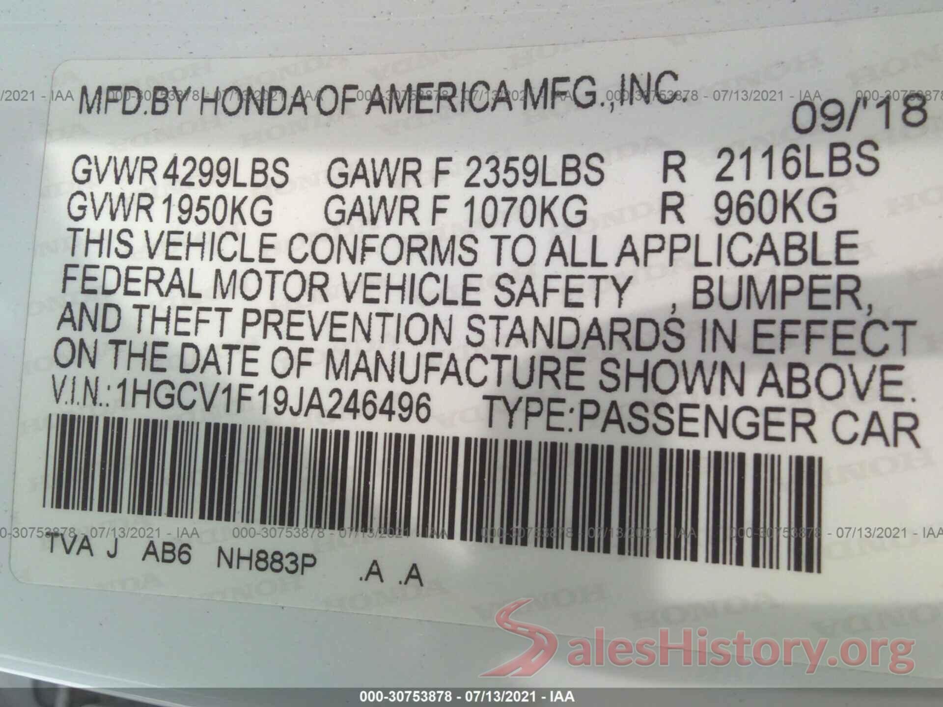 1HGCV1F19JA246496 2018 HONDA ACCORD SEDAN