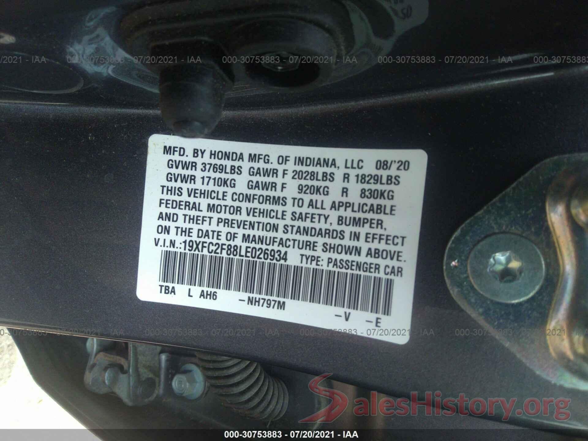 19XFC2F88LE026934 2020 HONDA CIVIC SEDAN