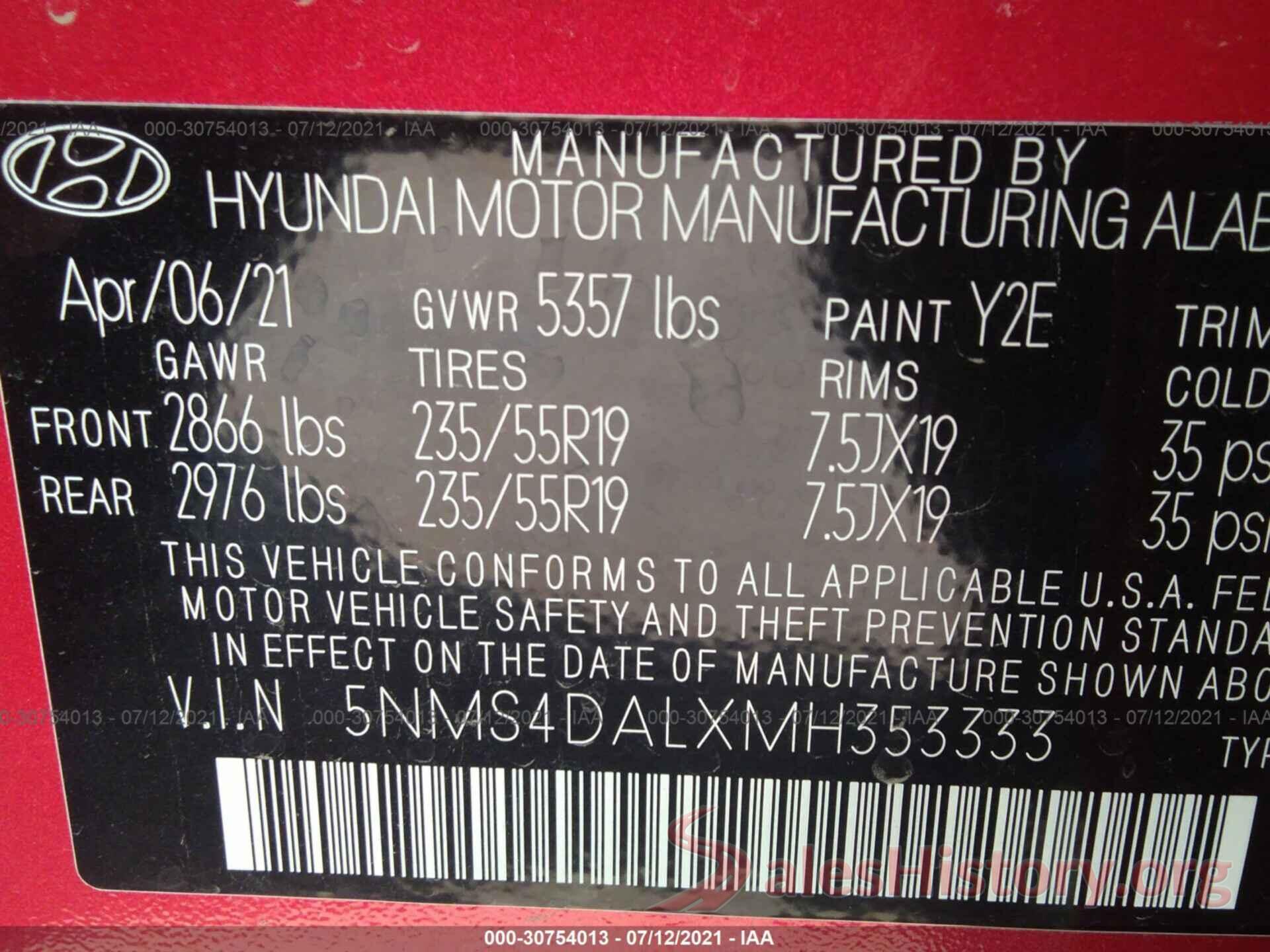 5NMS4DALXMH353333 2021 HYUNDAI SANTA FE