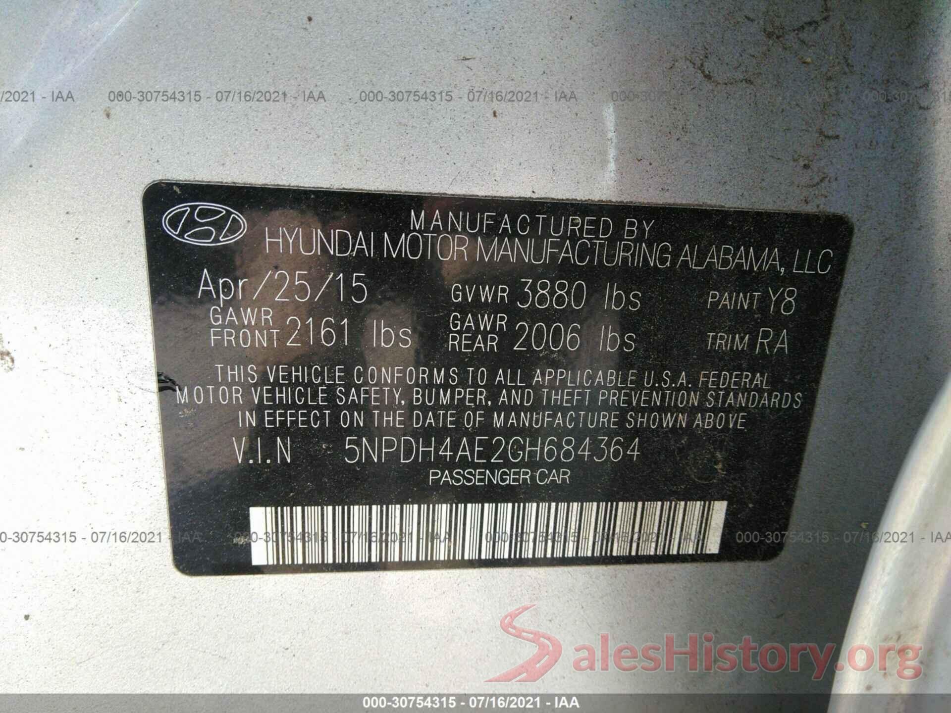 5NPDH4AE2GH684364 2016 HYUNDAI ELANTRA