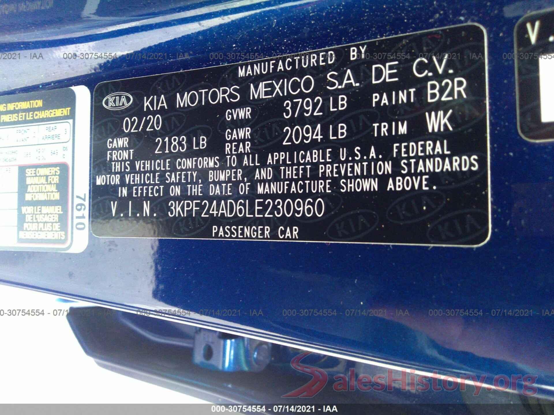 3KPF24AD6LE230960 2020 KIA FORTE