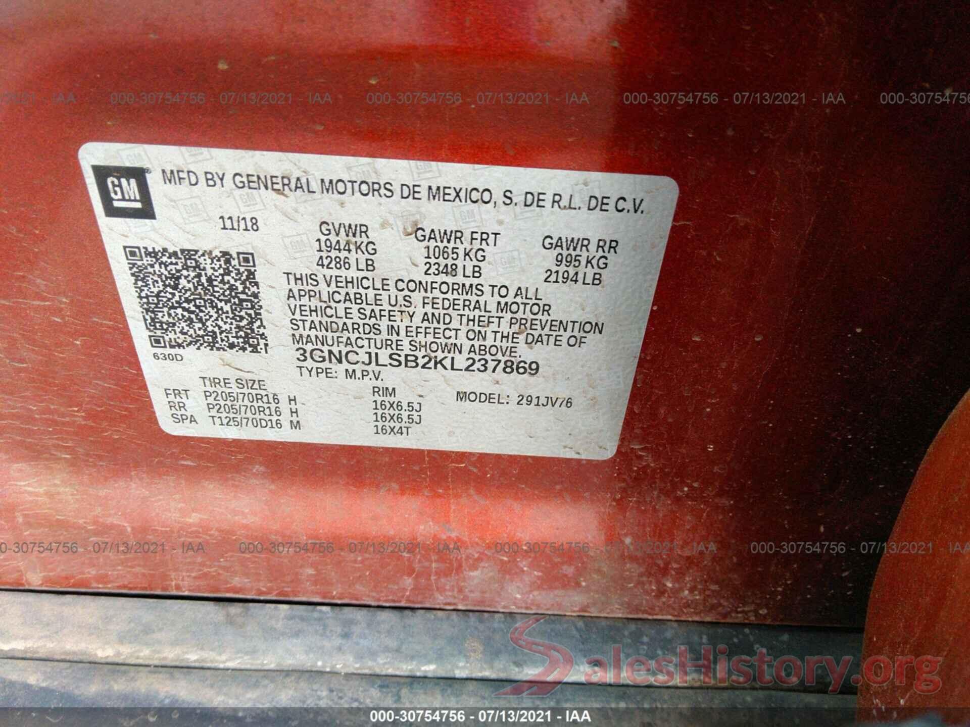 3GNCJLSB2KL237869 2019 CHEVROLET TRAX