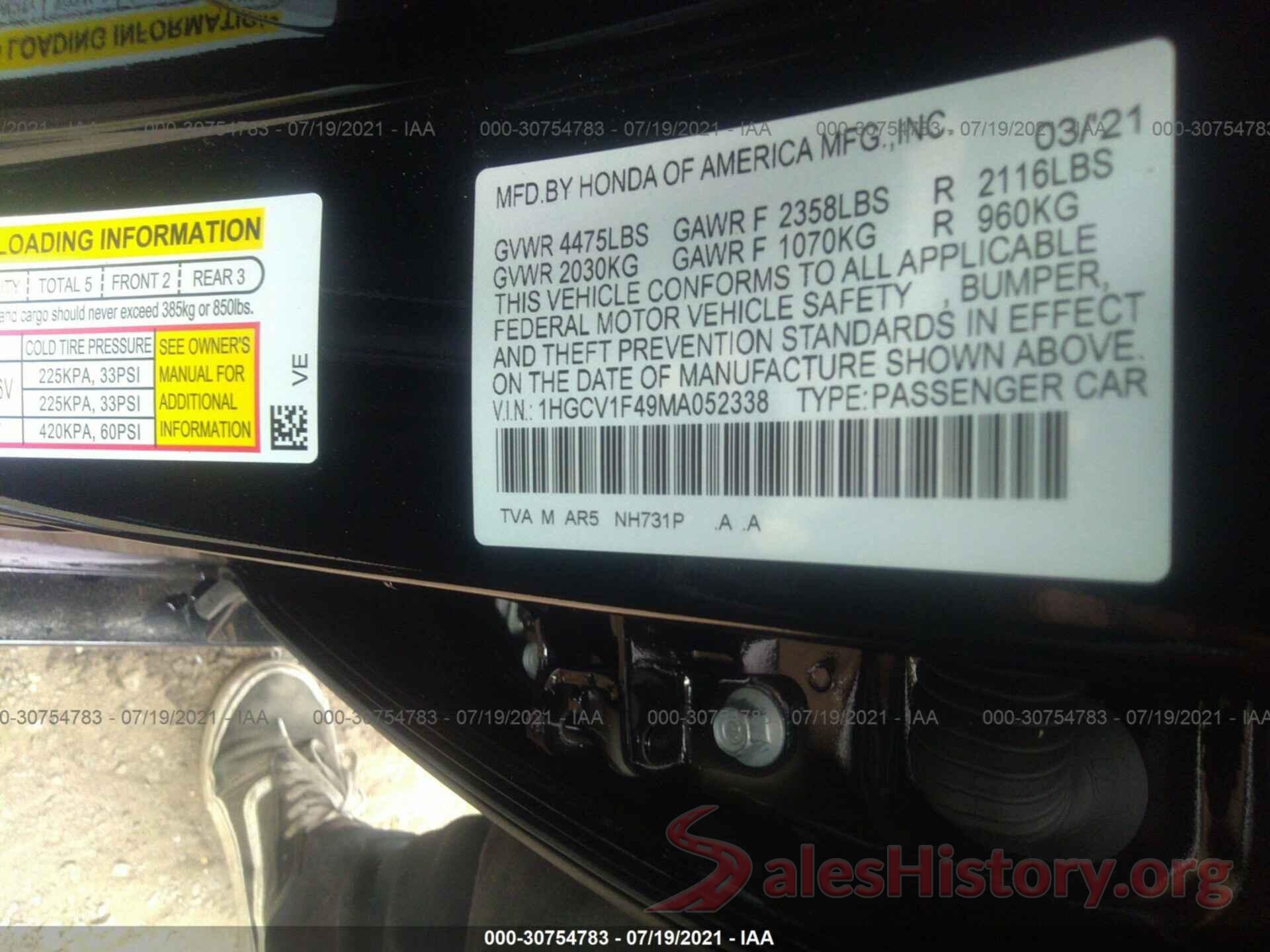 1HGCV1F49MA052338 2021 HONDA ACCORD SEDAN