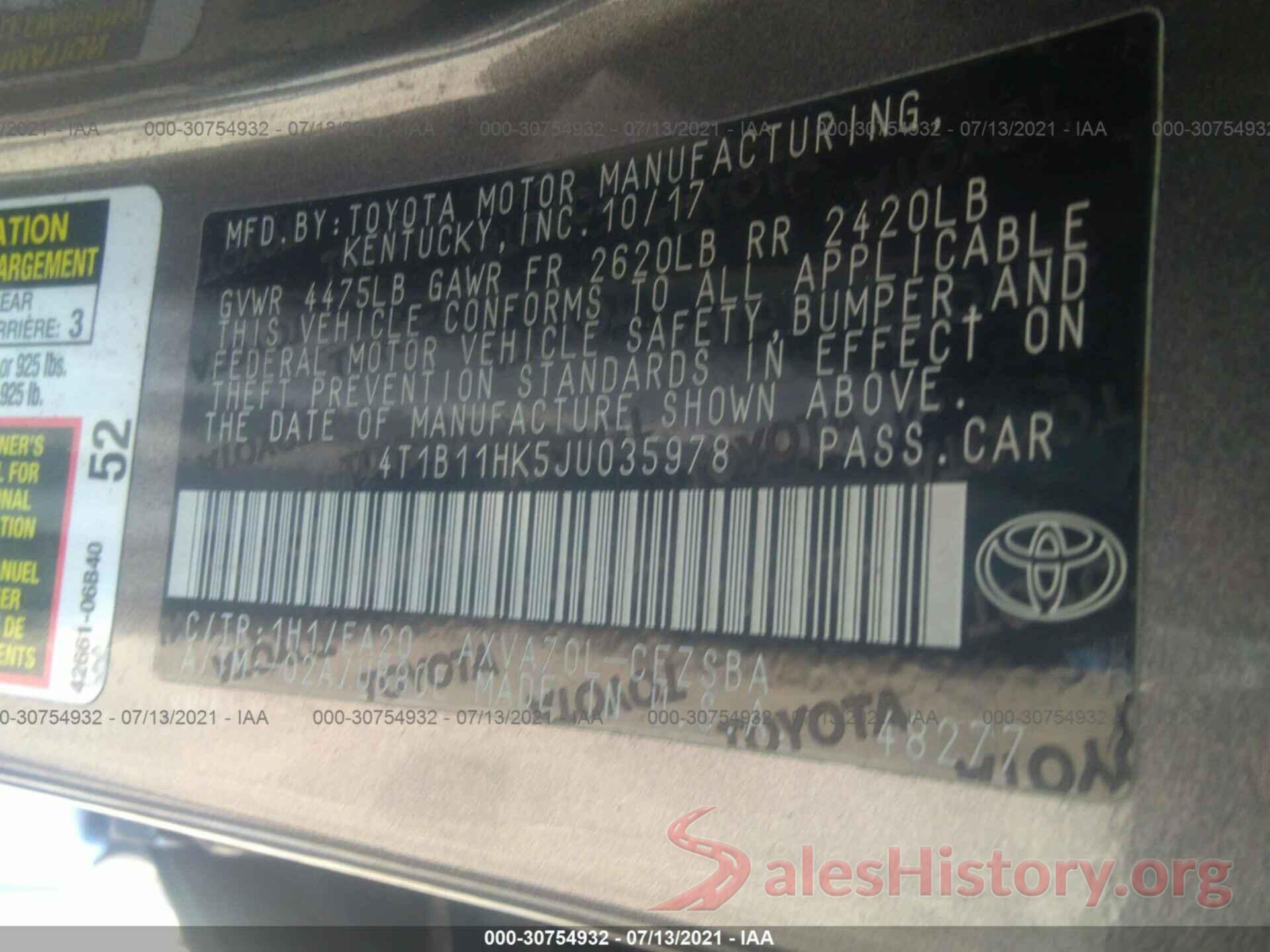 4T1B11HK5JU035978 2018 TOYOTA CAMRY