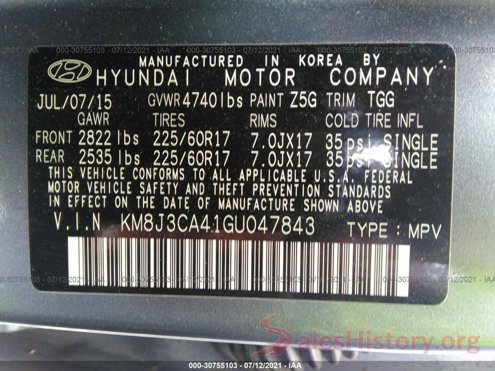 KM8J3CA41GU047843 2016 HYUNDAI TUCSON