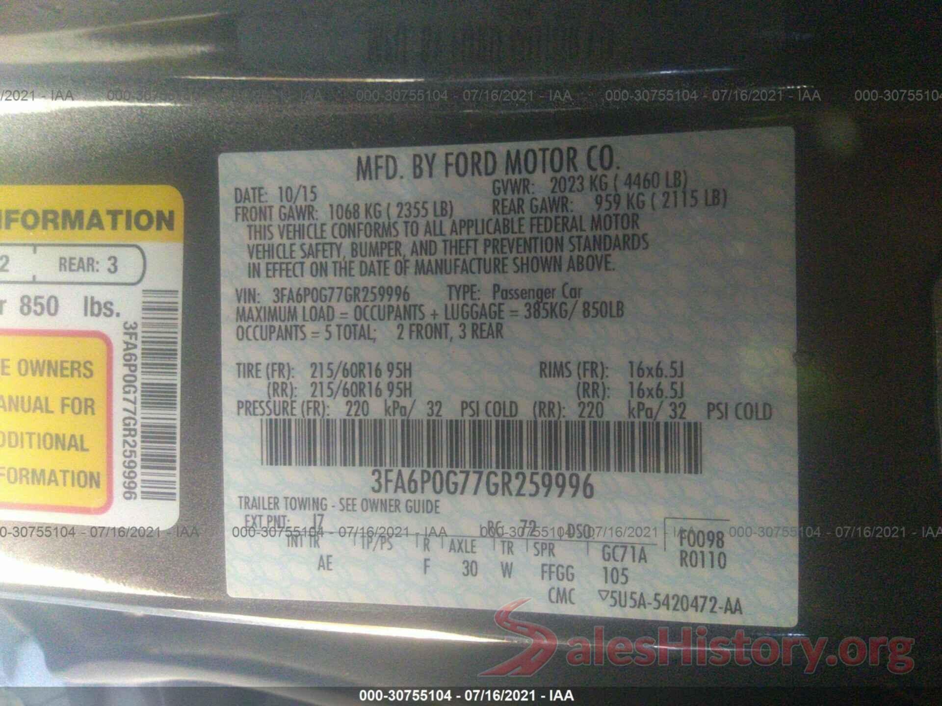 3FA6P0G77GR259996 2016 FORD FUSION