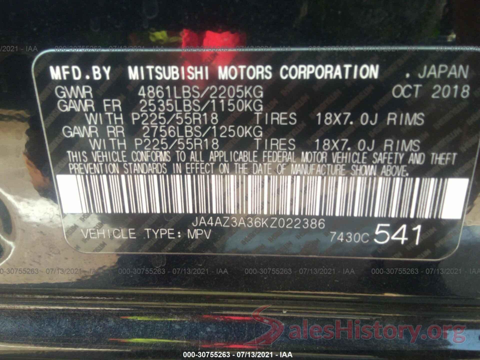 JA4AZ3A36KZ022386 2019 MITSUBISHI OUTLANDER