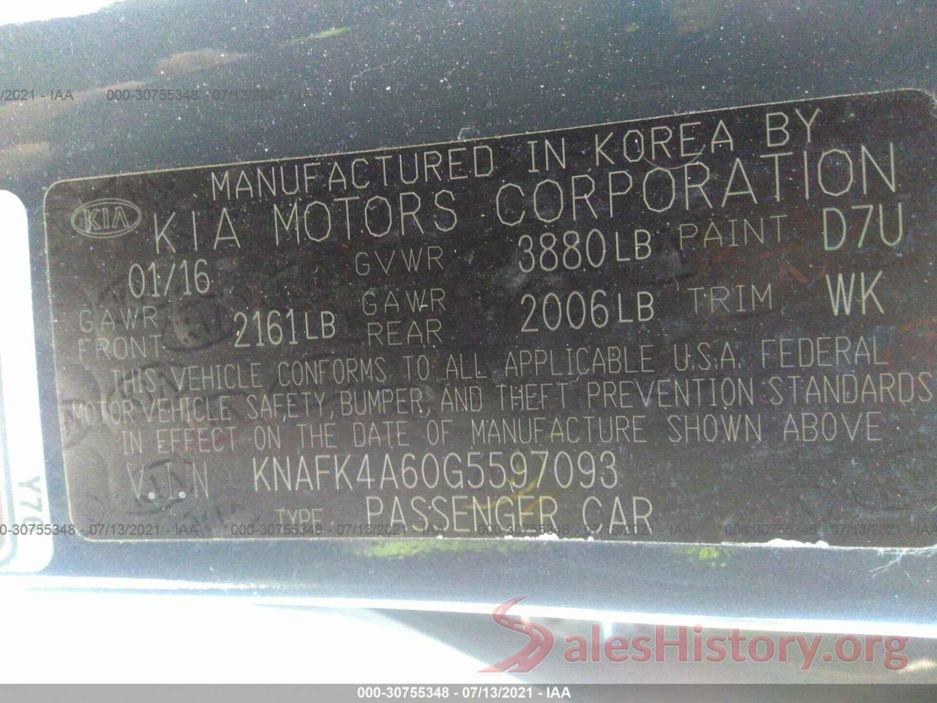 KNAFK4A60G5597093 2016 KIA FORTE