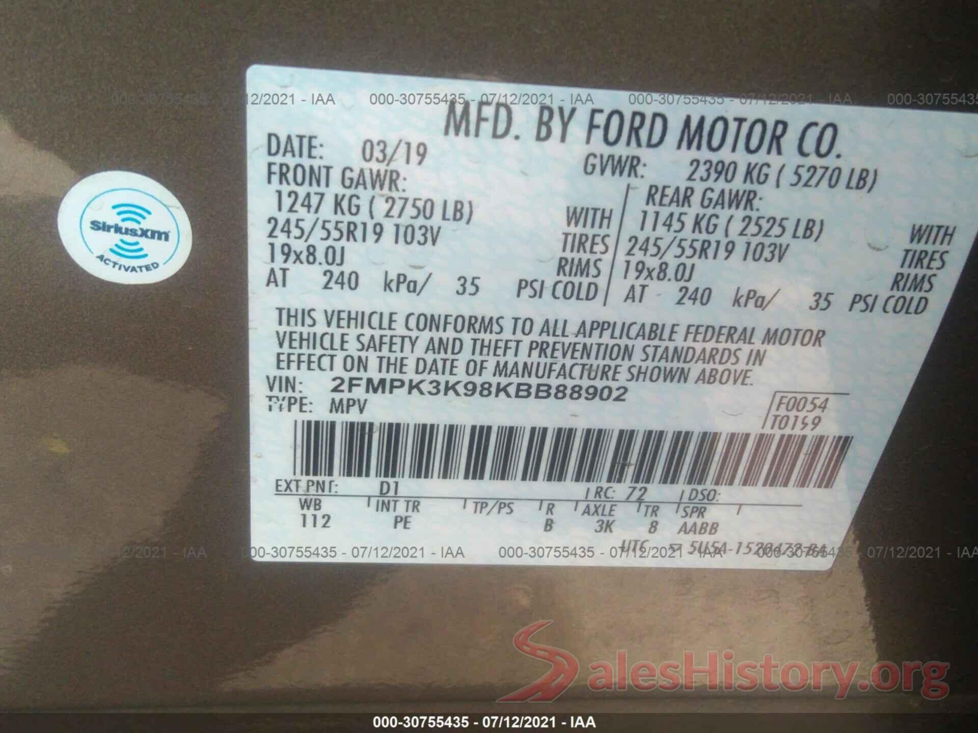 2FMPK3K98KBB88902 2019 FORD EDGE