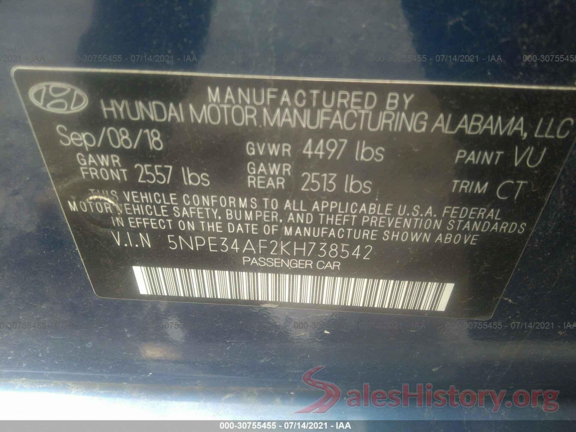 5NPE34AF2KH738542 2019 HYUNDAI SONATA