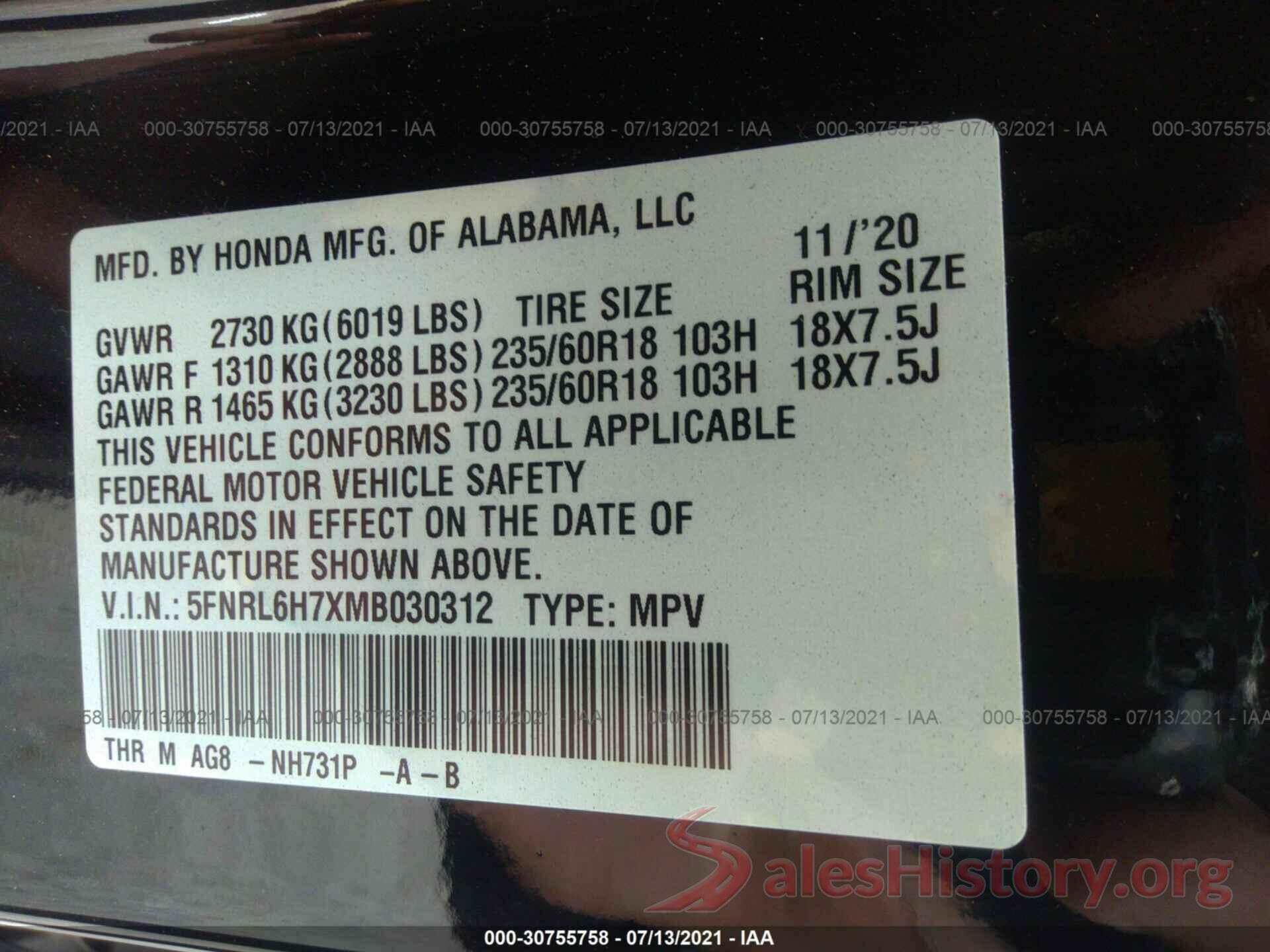 5FNRL6H7XMB030312 2021 HONDA ODYSSEY