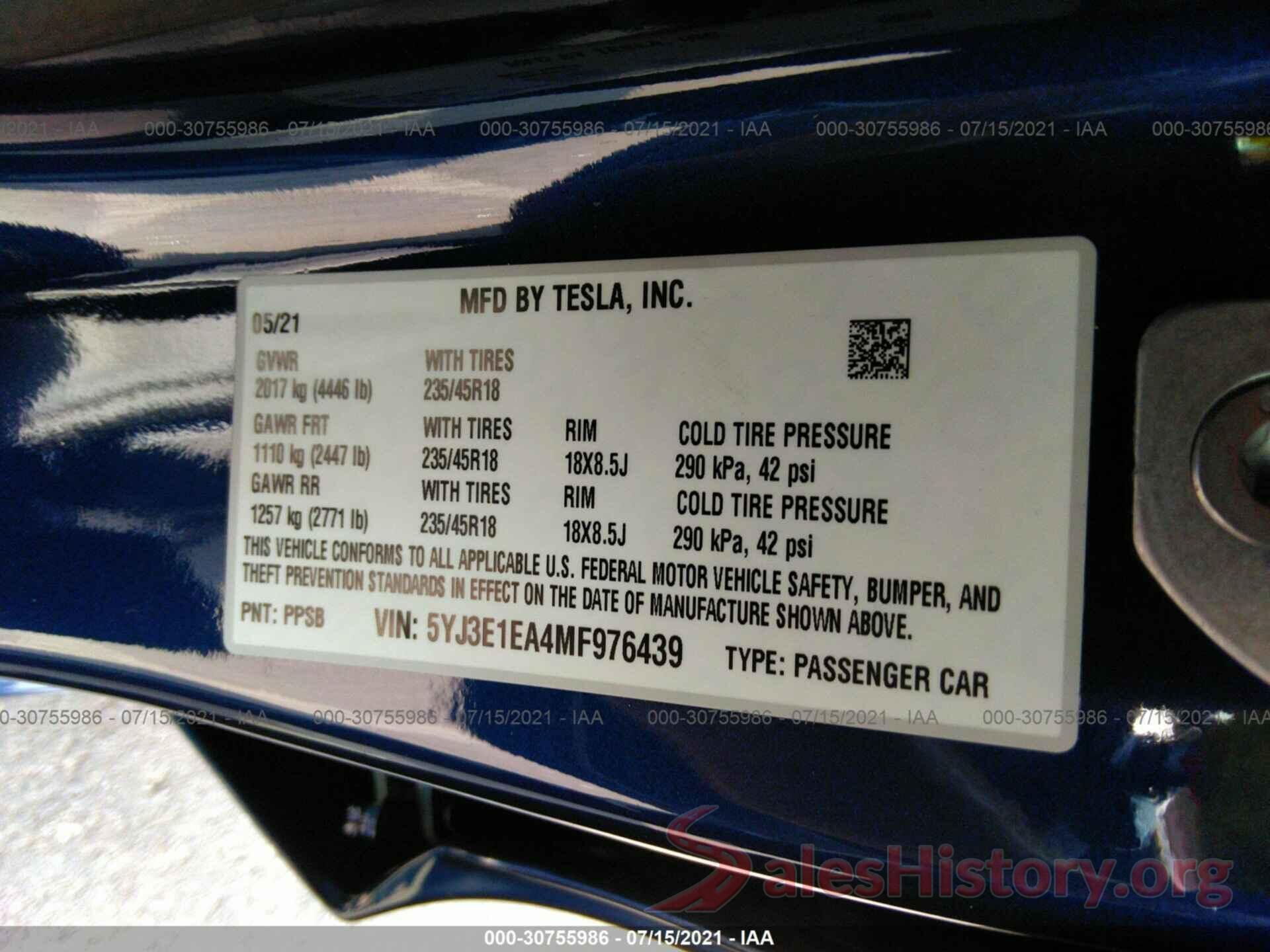 5YJ3E1EA4MF976439 2021 TESLA MODEL 3