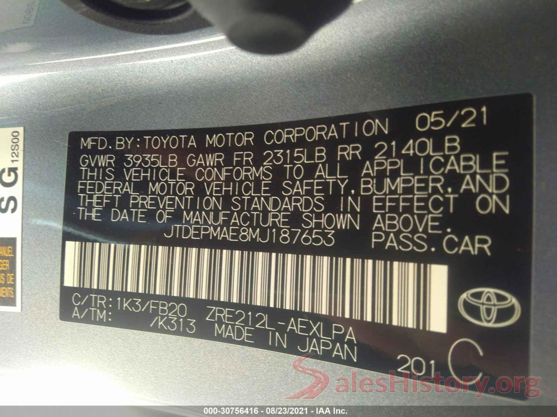 JTDEPMAE8MJ187653 2021 TOYOTA COROLLA