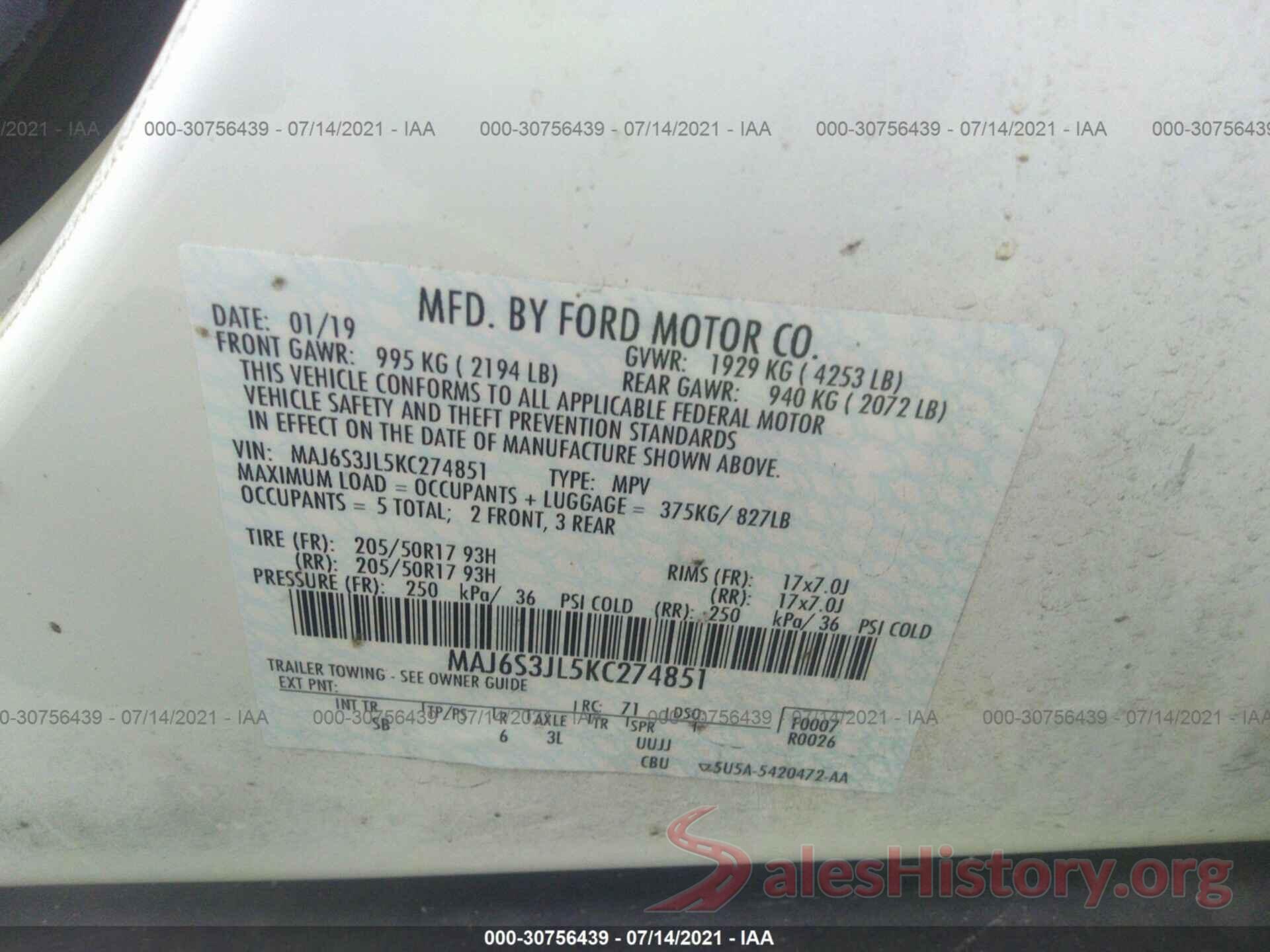 MAJ6S3JL5KC274851 2019 FORD ECOSPORT