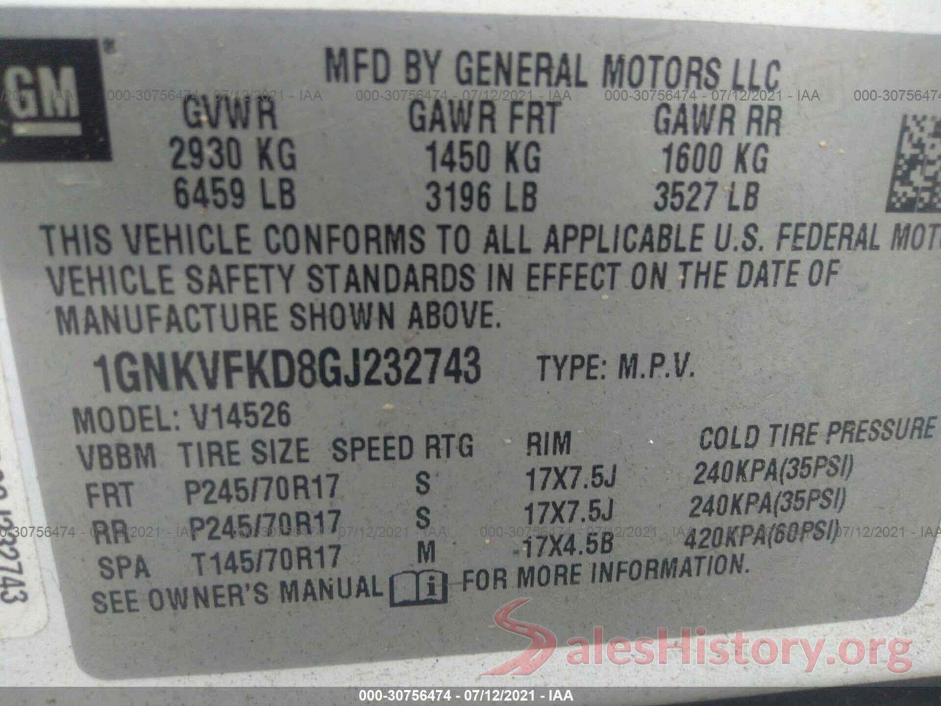 1GNKVFKD8GJ232743 2016 CHEVROLET TRAVERSE