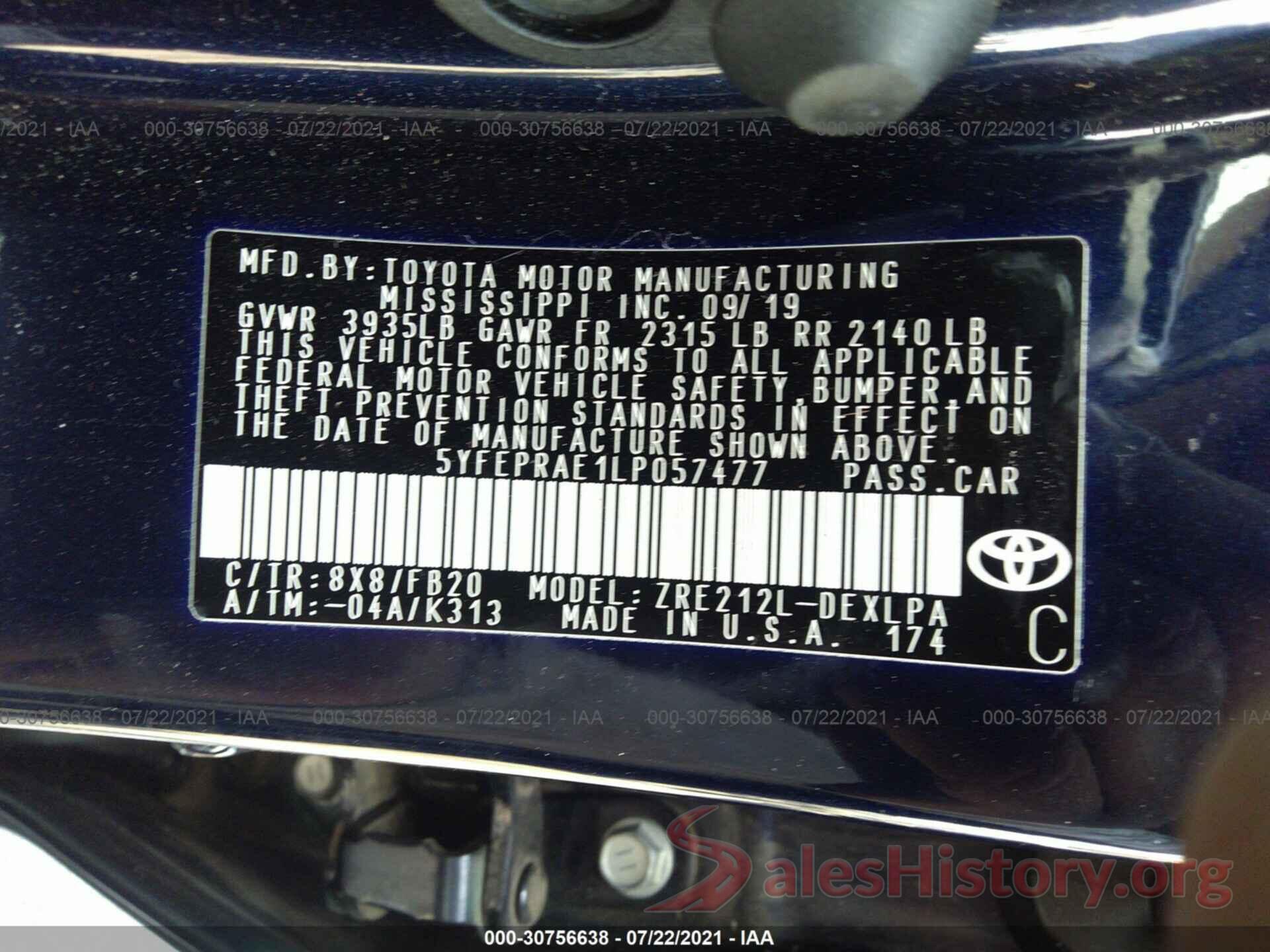 5YFEPRAE1LP057477 2020 TOYOTA COROLLA