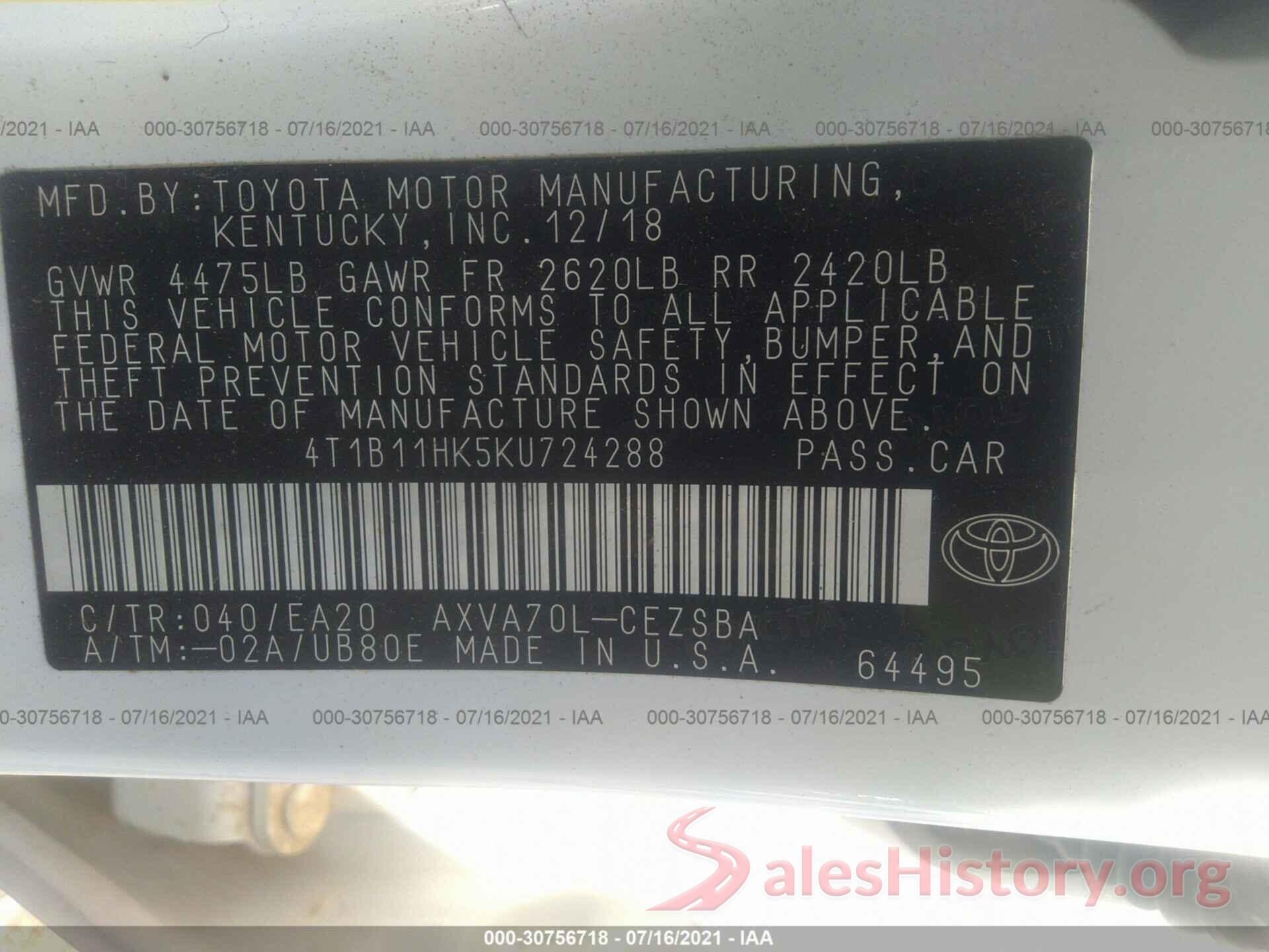 4T1B11HK5KU724288 2019 TOYOTA CAMRY