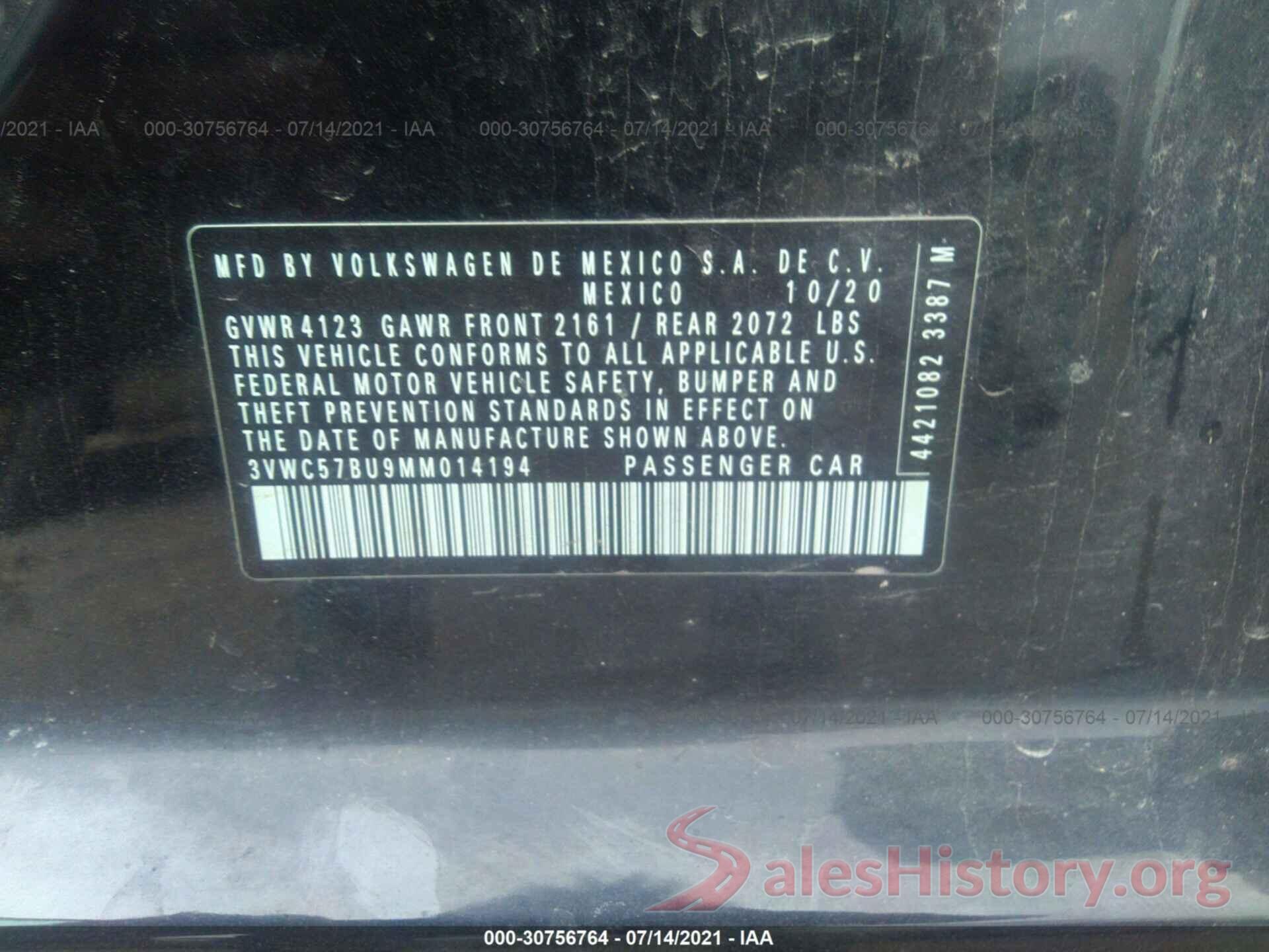 3VWC57BU9MM014194 2021 VOLKSWAGEN JETTA