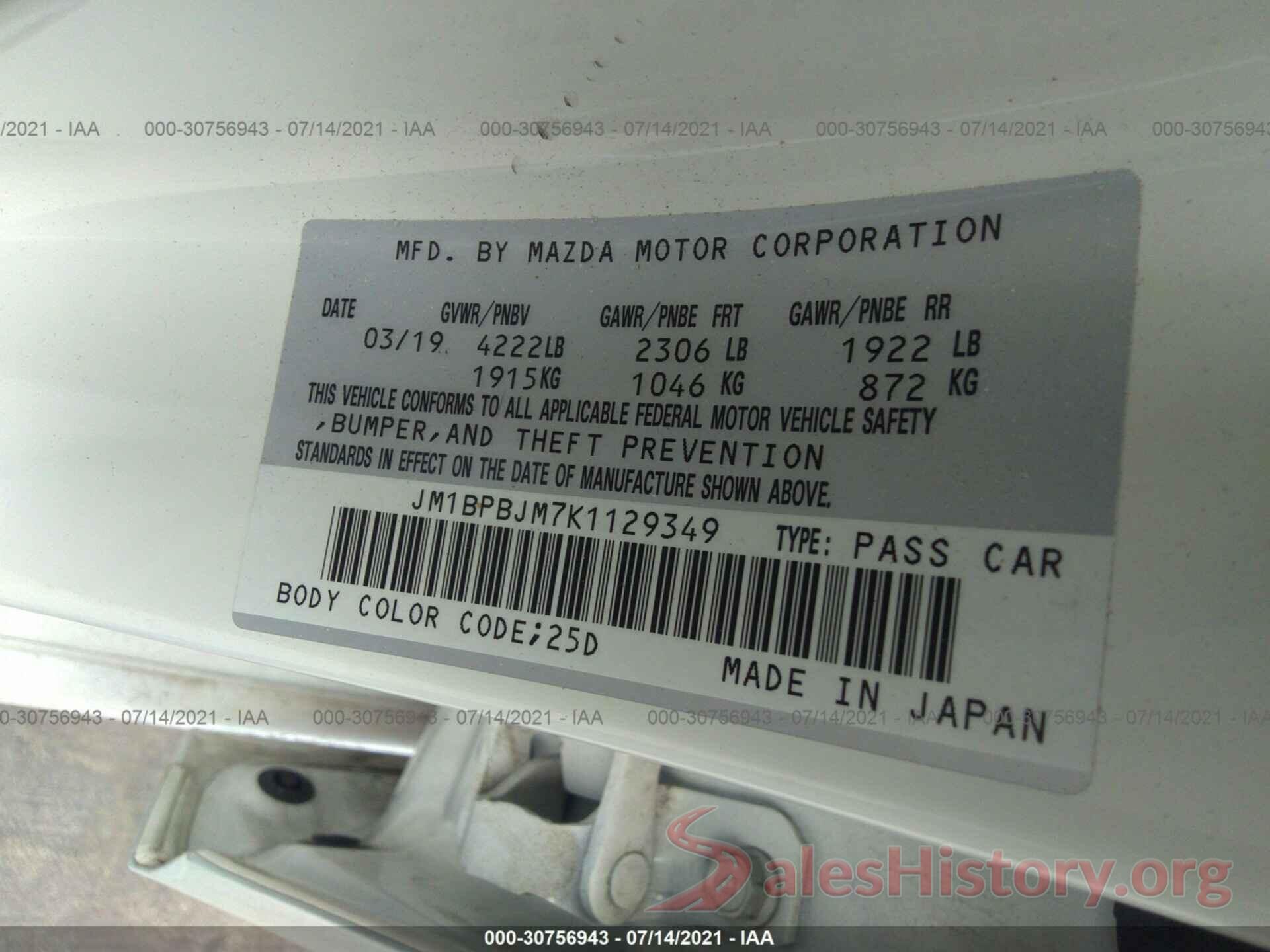 JM1BPBJM7K1129349 2019 MAZDA MAZDA3 HATCHBACK