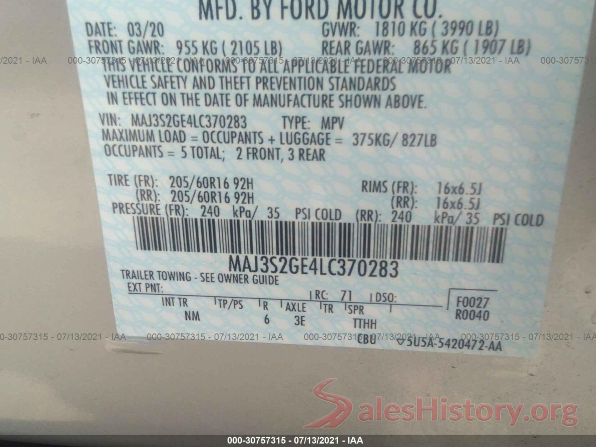 MAJ3S2GE4LC370283 2020 FORD ECOSPORT