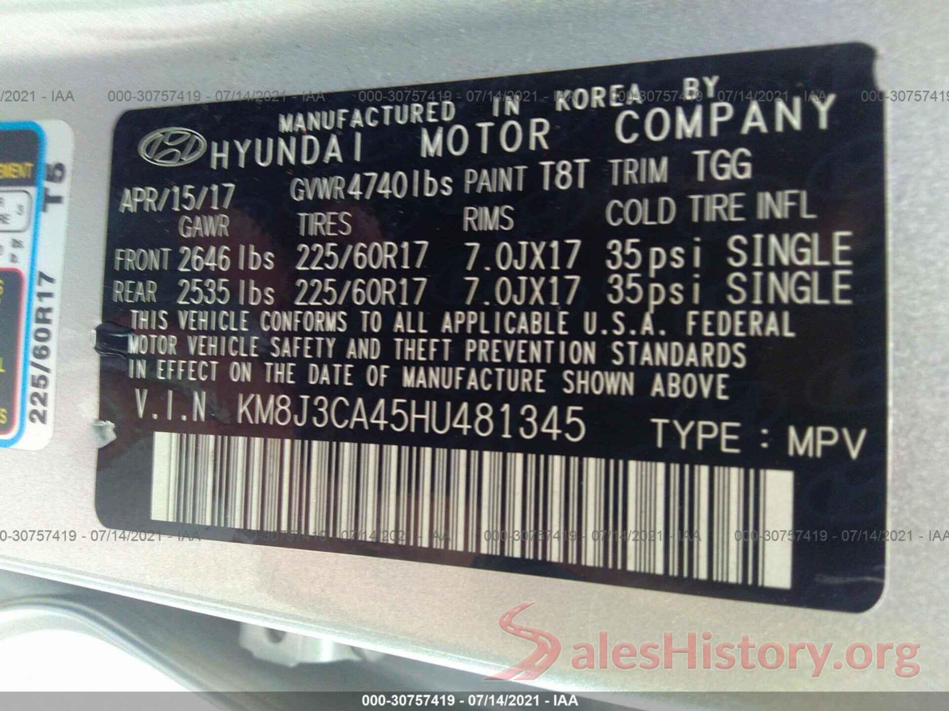 KM8J3CA45HU481345 2017 HYUNDAI TUCSON