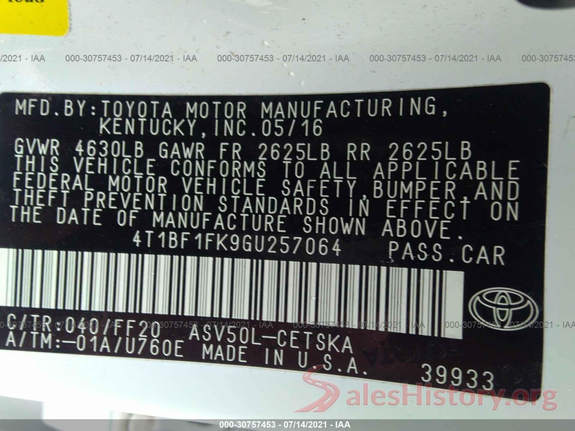 4T1BF1FK9GU257064 2016 TOYOTA CAMRY