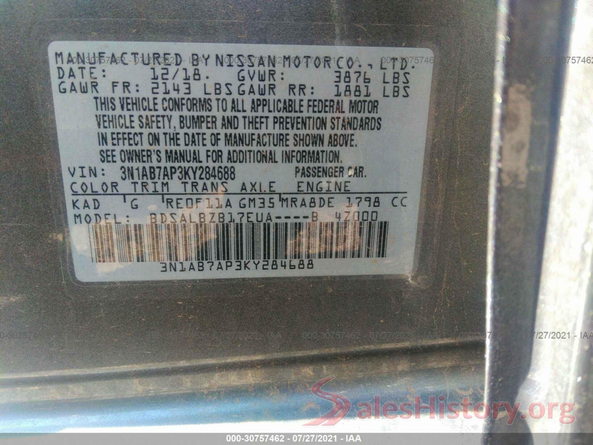 3N1AB7AP3KY284688 2019 NISSAN SENTRA