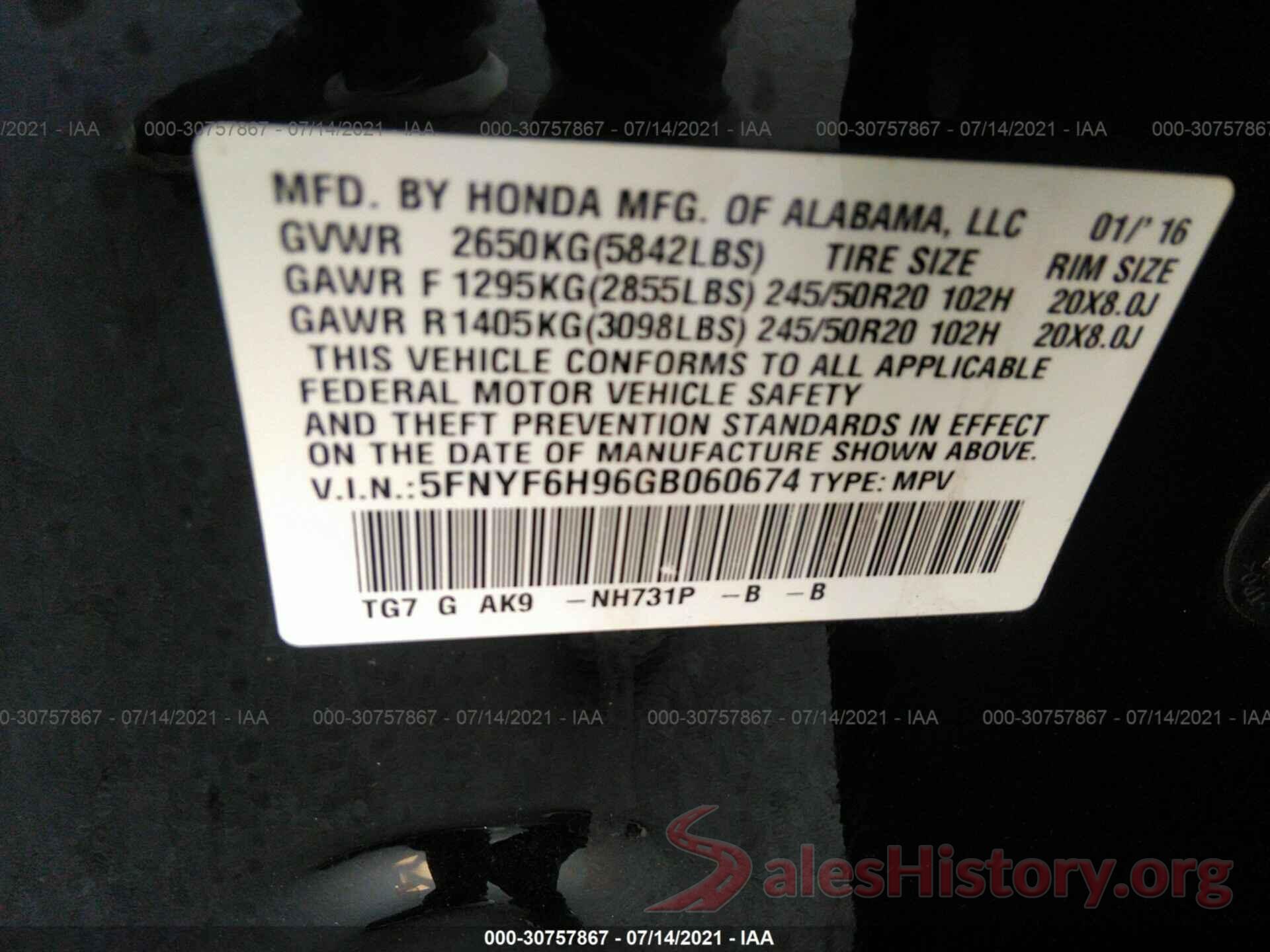 5FNYF6H96GB060674 2016 HONDA PILOT