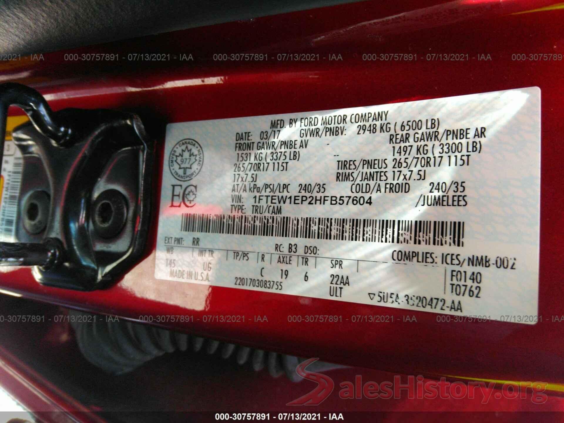 1FTEW1EP2HFB57604 2017 FORD F-150