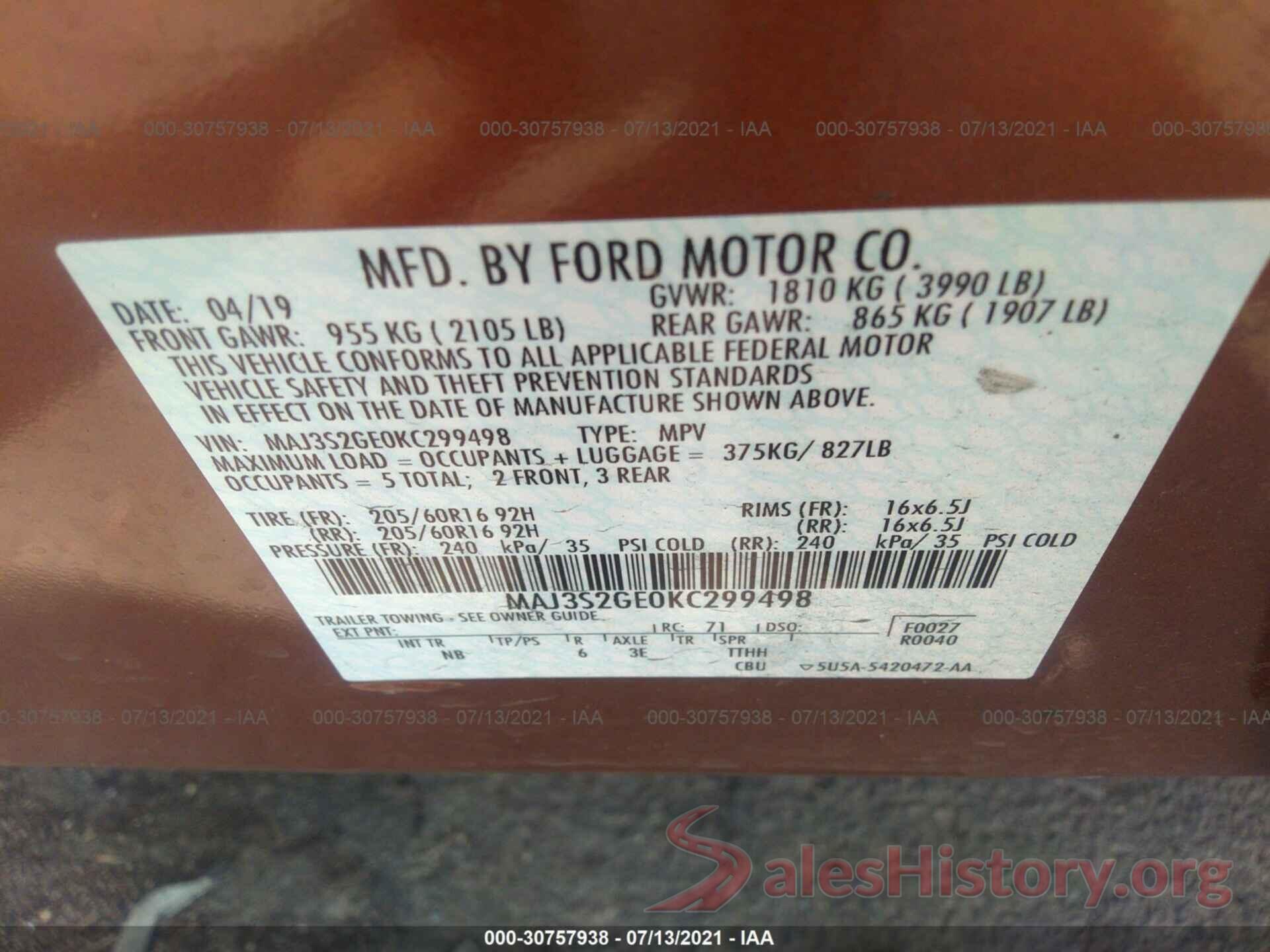 MAJ3S2GE0KC299498 2019 FORD ECOSPORT