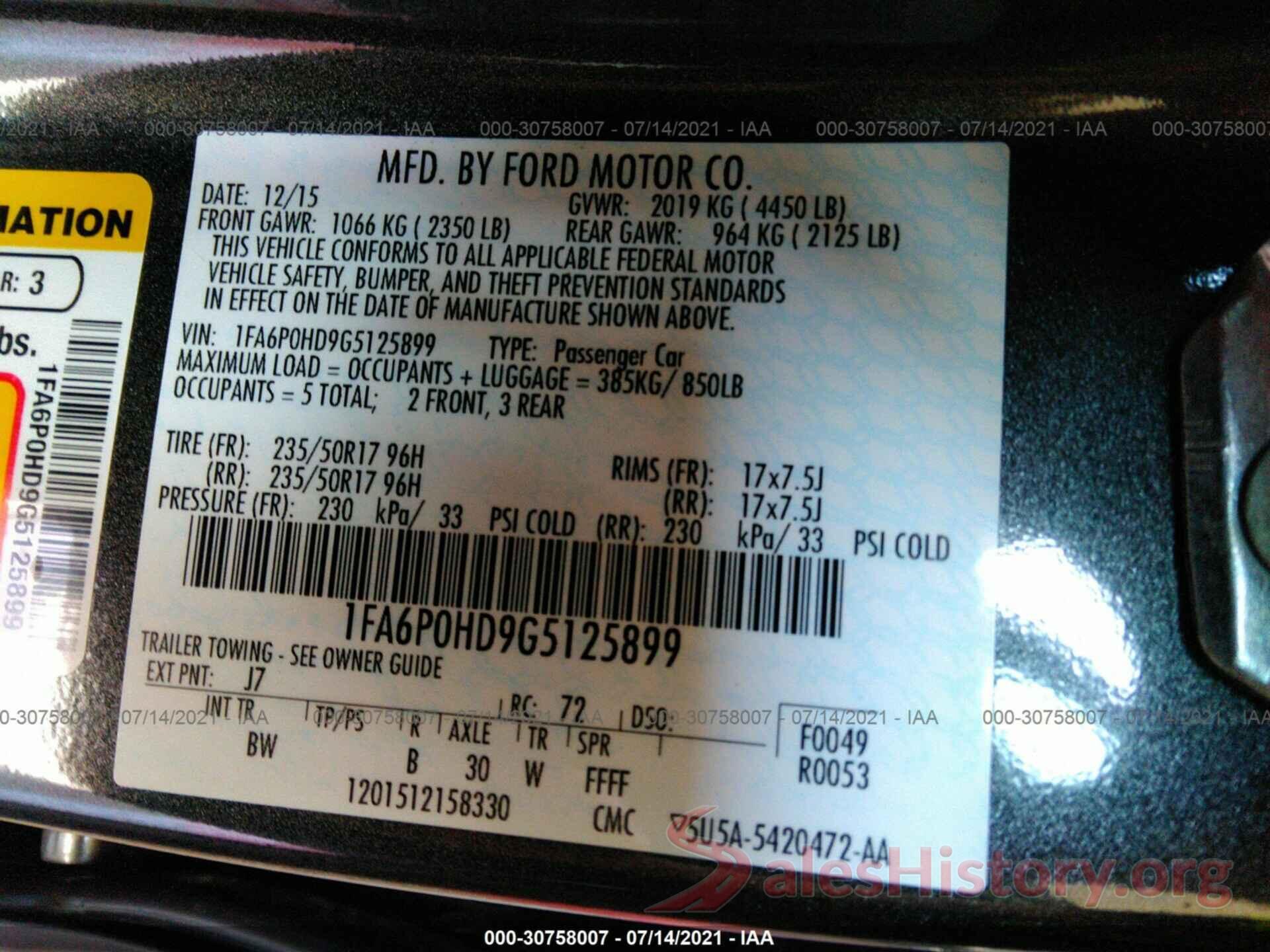 1FA6P0HD9G5125899 2016 FORD FUSION