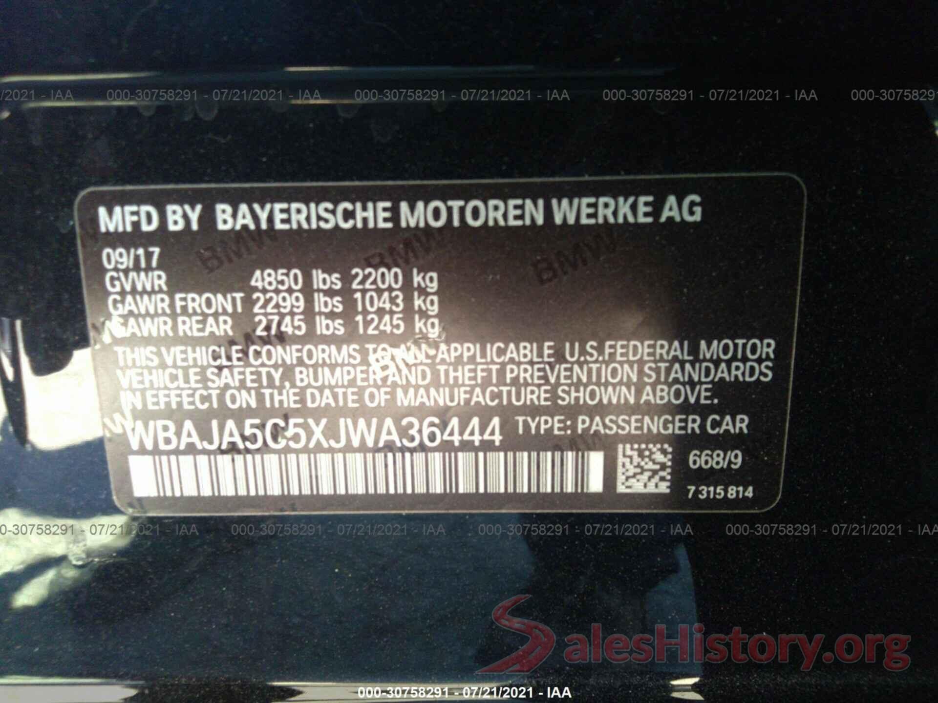 WBAJA5C5XJWA36444 2018 BMW 5 SERIES