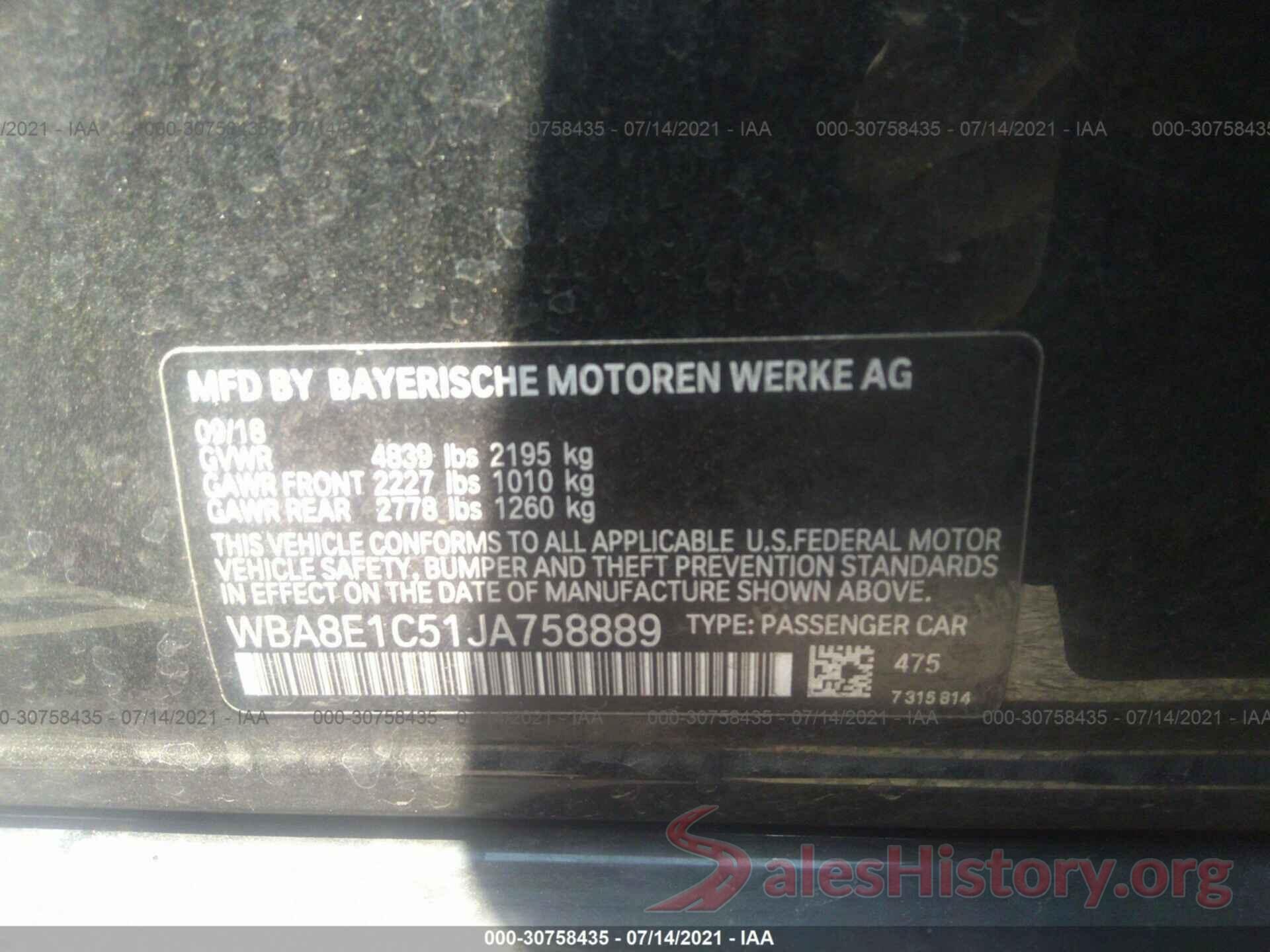 WBA8E1C51JA758889 2018 BMW 3 SERIES