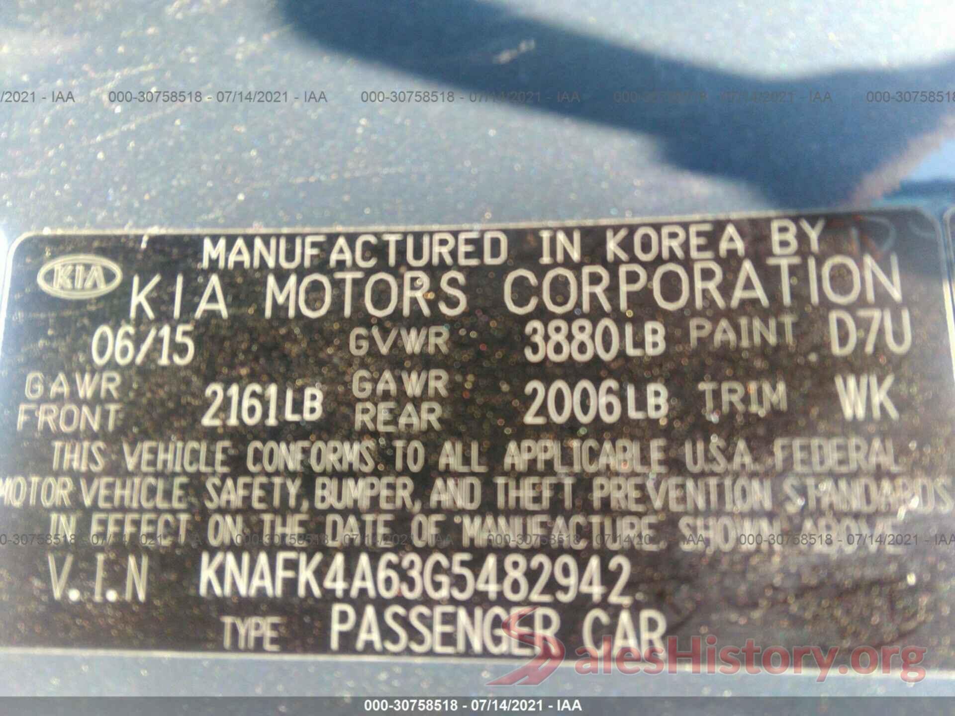 KNAFK4A63G5482942 2016 KIA FORTE