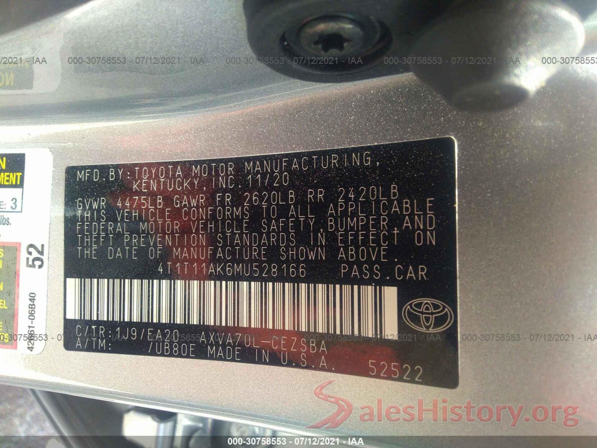 4T1T11AK6MU528166 2021 TOYOTA CAMRY