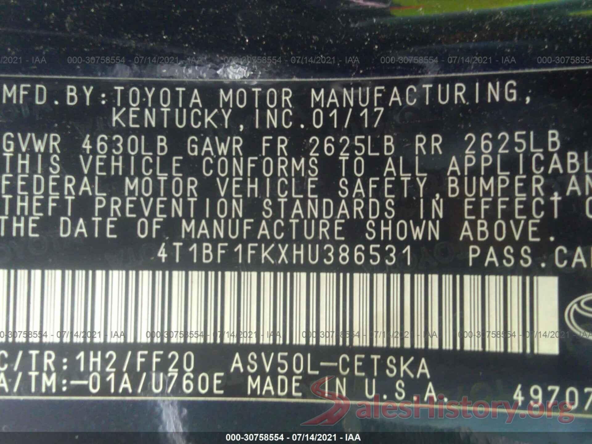 4T1BF1FKXHU386531 2017 TOYOTA CAMRY