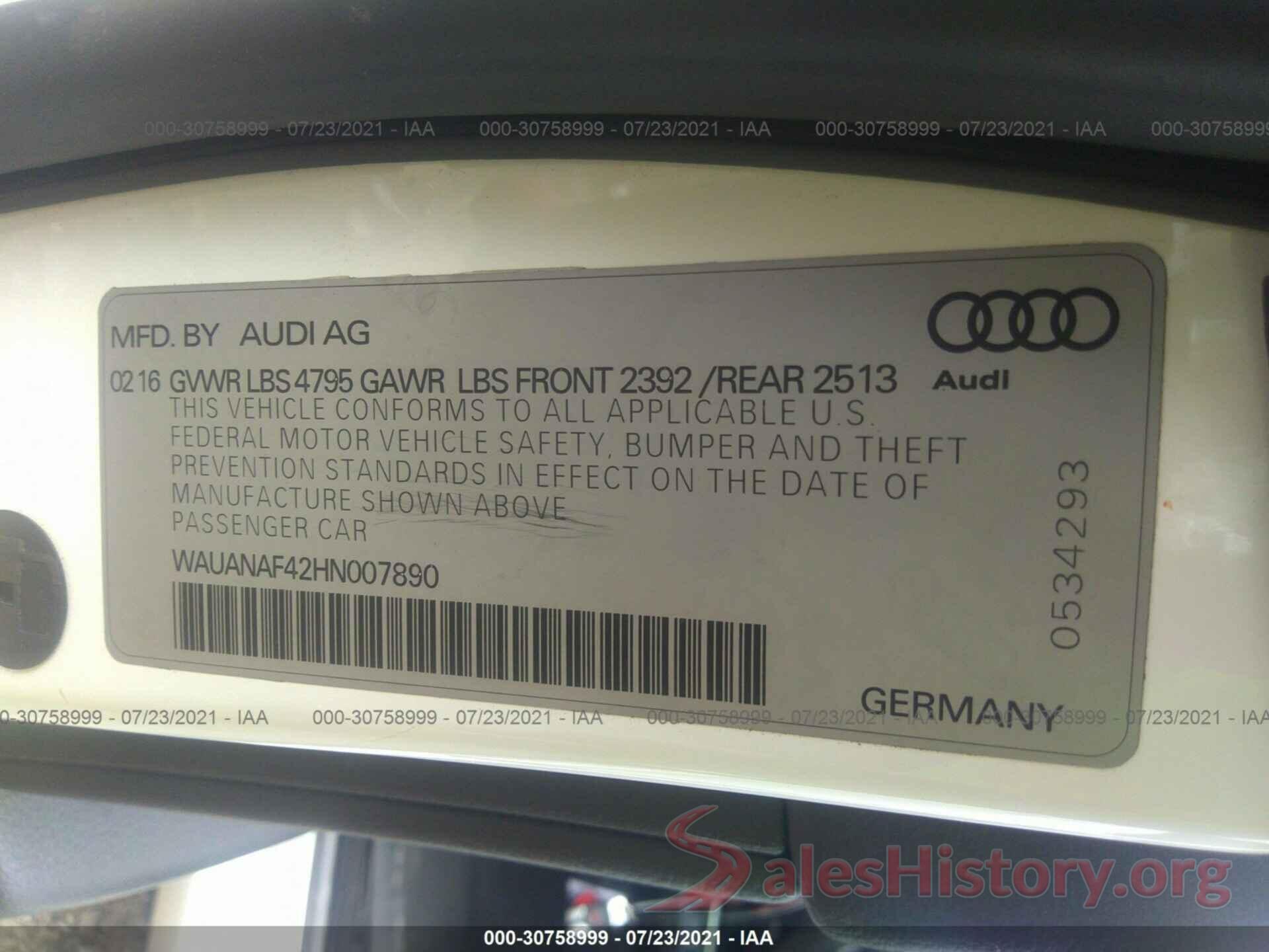 WAUANAF42HN007890 2017 AUDI A4