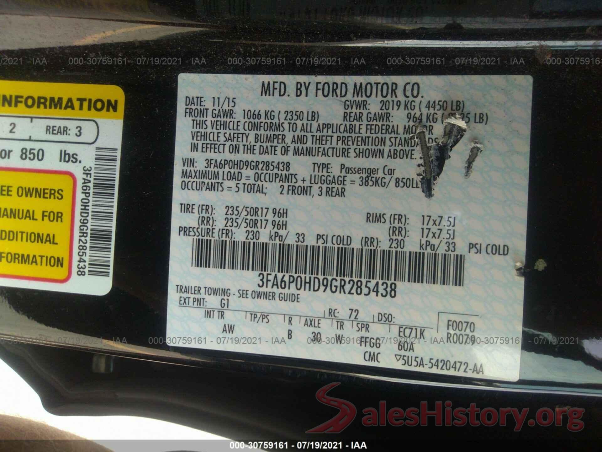 3FA6P0HD9GR285438 2016 FORD FUSION